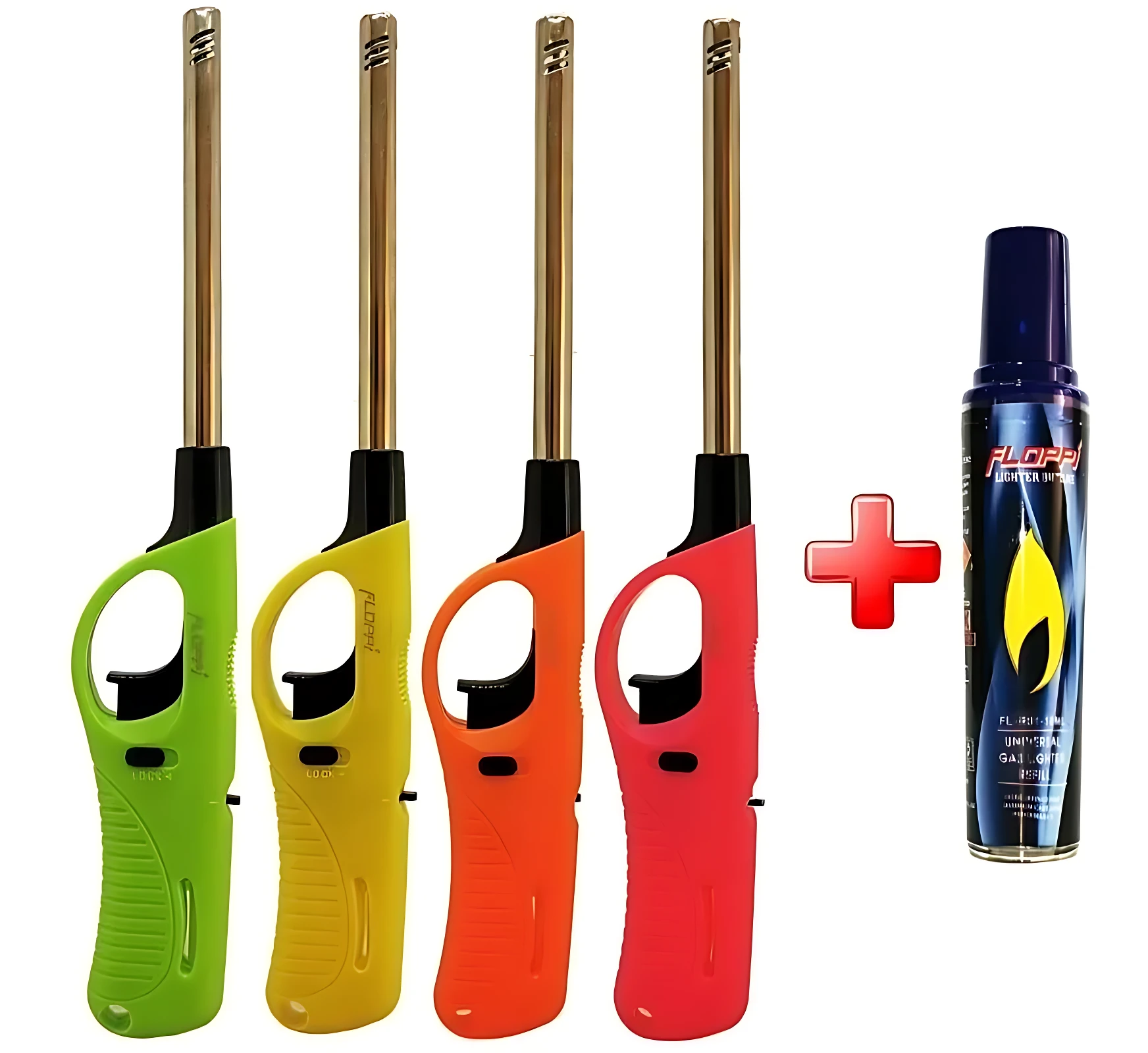 Encendedores recargables para estufa en colores verde, amarillo, naranja y rojo, con lata de gas.