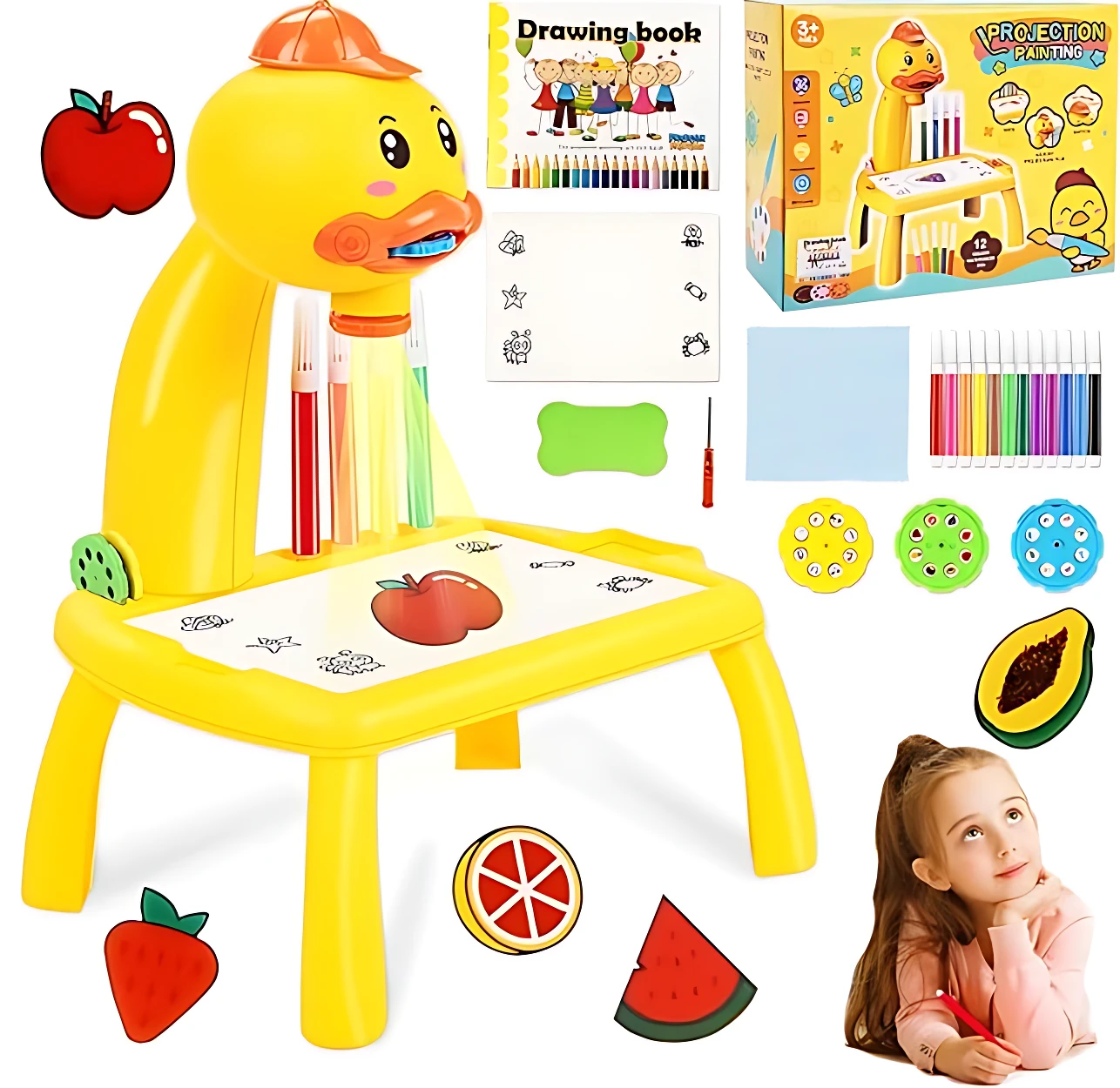 Escritorio amarillo con forma de pato, incluye marcadores, libro de dibujo, pegatinas de frutas y accesorios para colorear.
