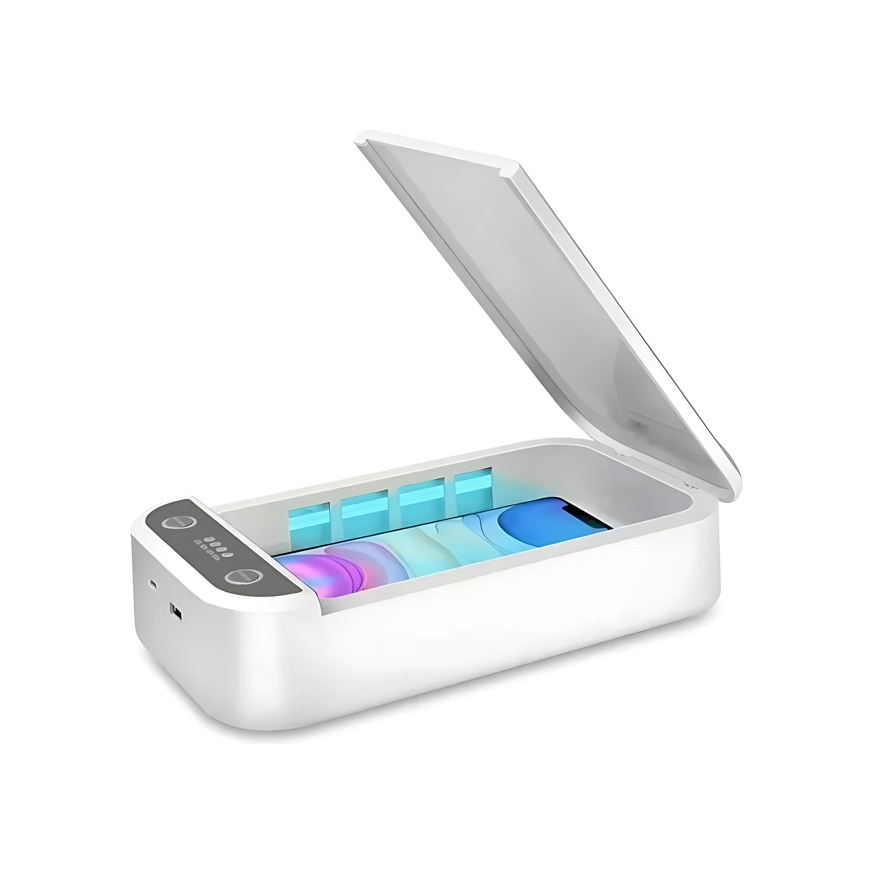 Esterilizador UV portátil blanco con tapa abierta, mostrando luces azules de desinfección y un smartphone colocado en su interior. Panel de control visible en el costado.