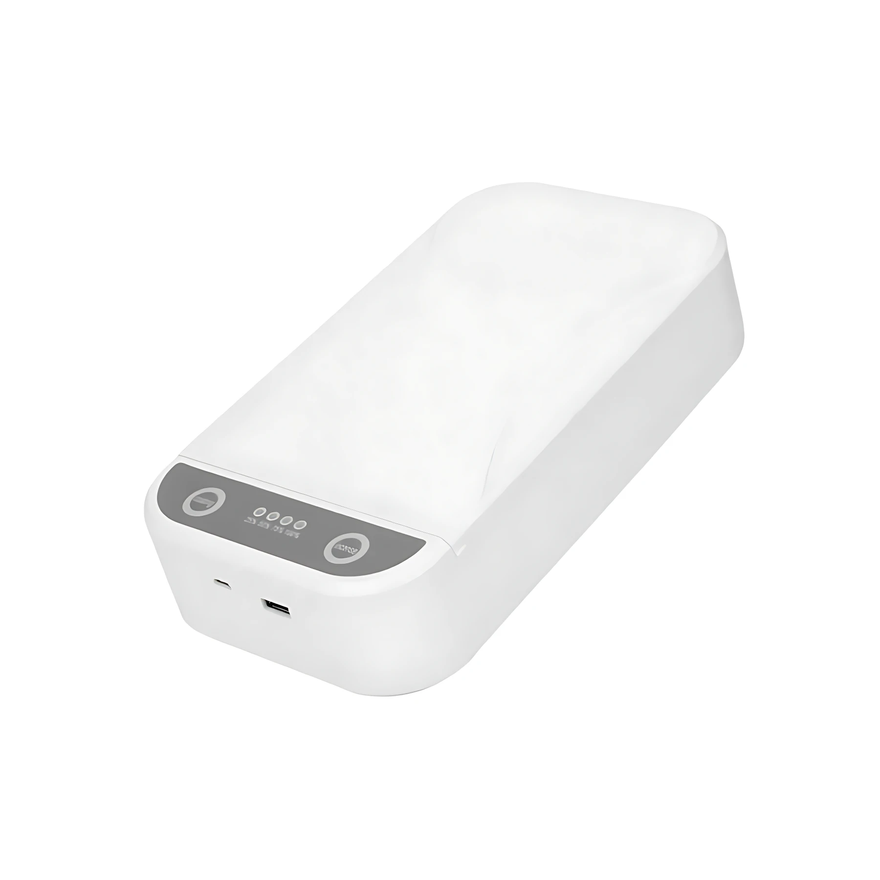 Esterilizador portátil UV blanco con diseño rectangular. Vista frontal mostrando el panel de control gris con indicadores LED y botones, junto a los puertos de carga USB.