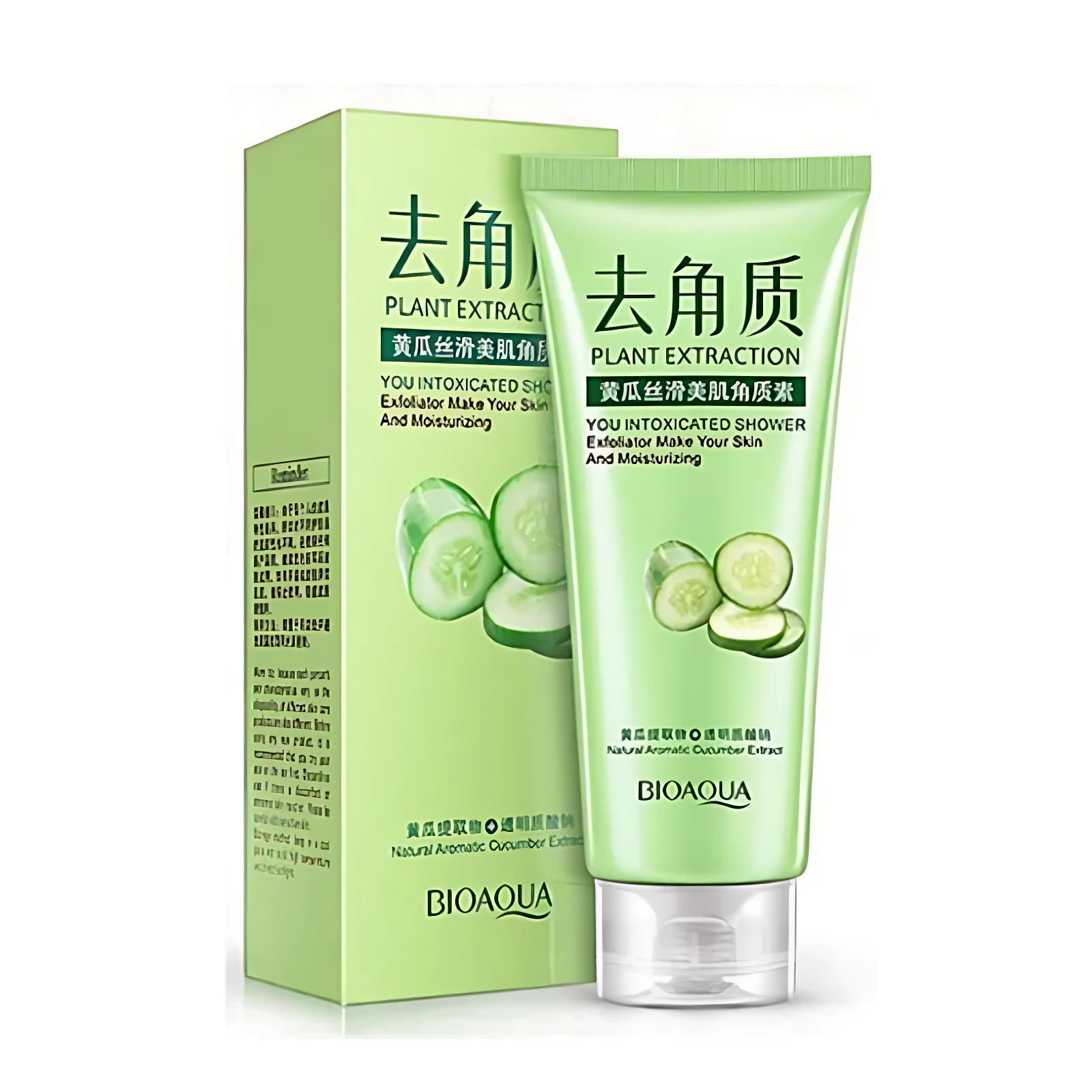 Tubo verde con exfoliante corporal BIOAQUA de pepino, para renovar y suavizar la piel.