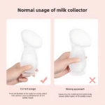 Extractor de leche manual en silicona blanca, mostrando uso correcto e incorrecto al presionar la base para recolectar sin deformar el cuello.