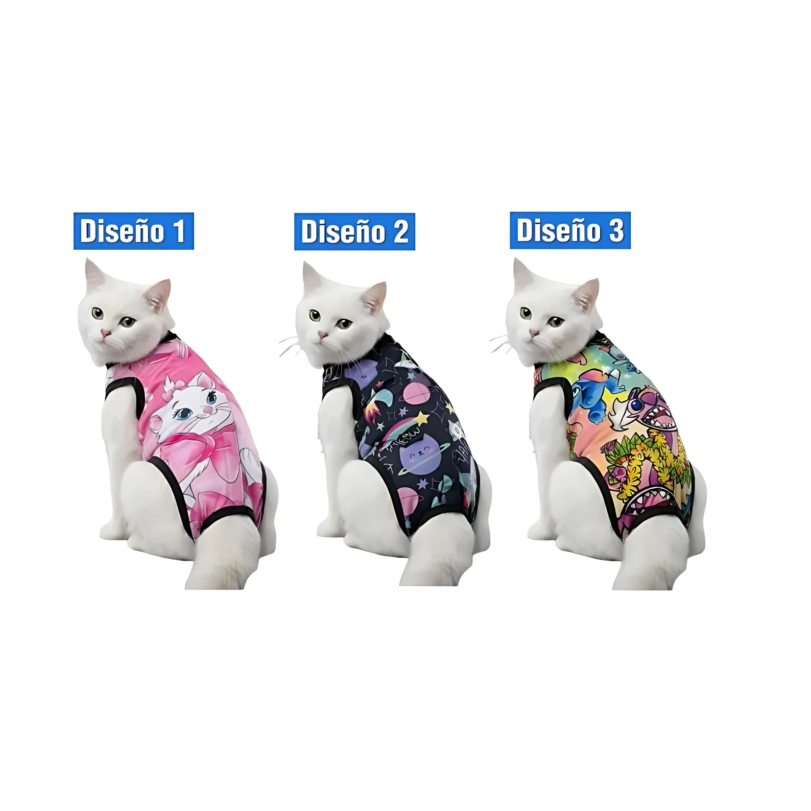 Tres fajas quirúrgicas para gatos en diseños distintos: rosa con gato, azul con lunas y estrellas, y multicolor con patrones vibrantes. Cada una con cierre trasero y ajuste ergonómico.