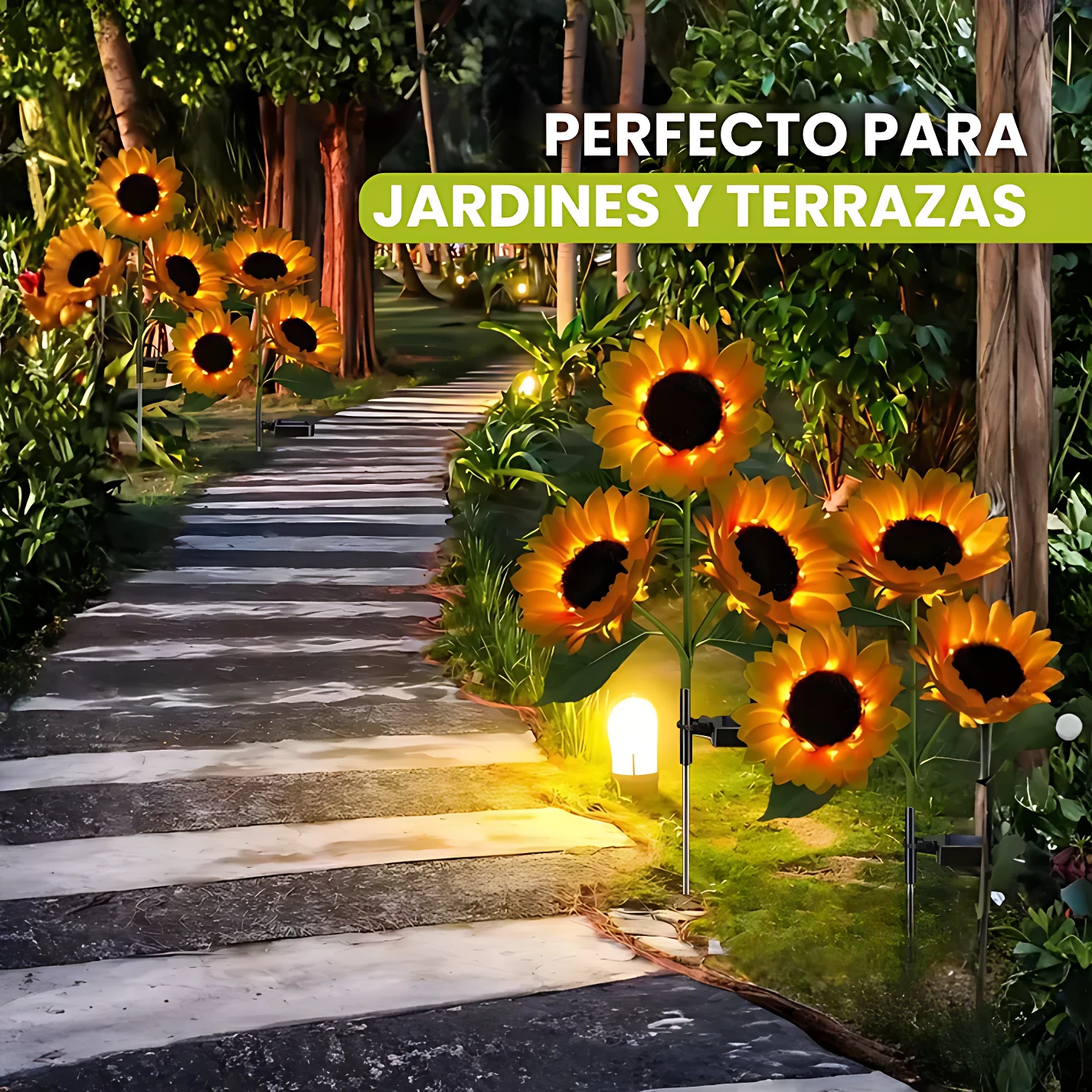 Dos faroles solares en forma de girasol, con pétalos amarillos y centros oscuros, instalados en un sendero de piedra rodeado de vegetación, emitiendo luz cálida durante la noche.