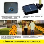 Faroles solares girasol automáticos, con panel fotovoltaico negro y base gris. Incluyen instrucciones de instalación y funcionamiento nocturno. Ideales para decoración exterior.