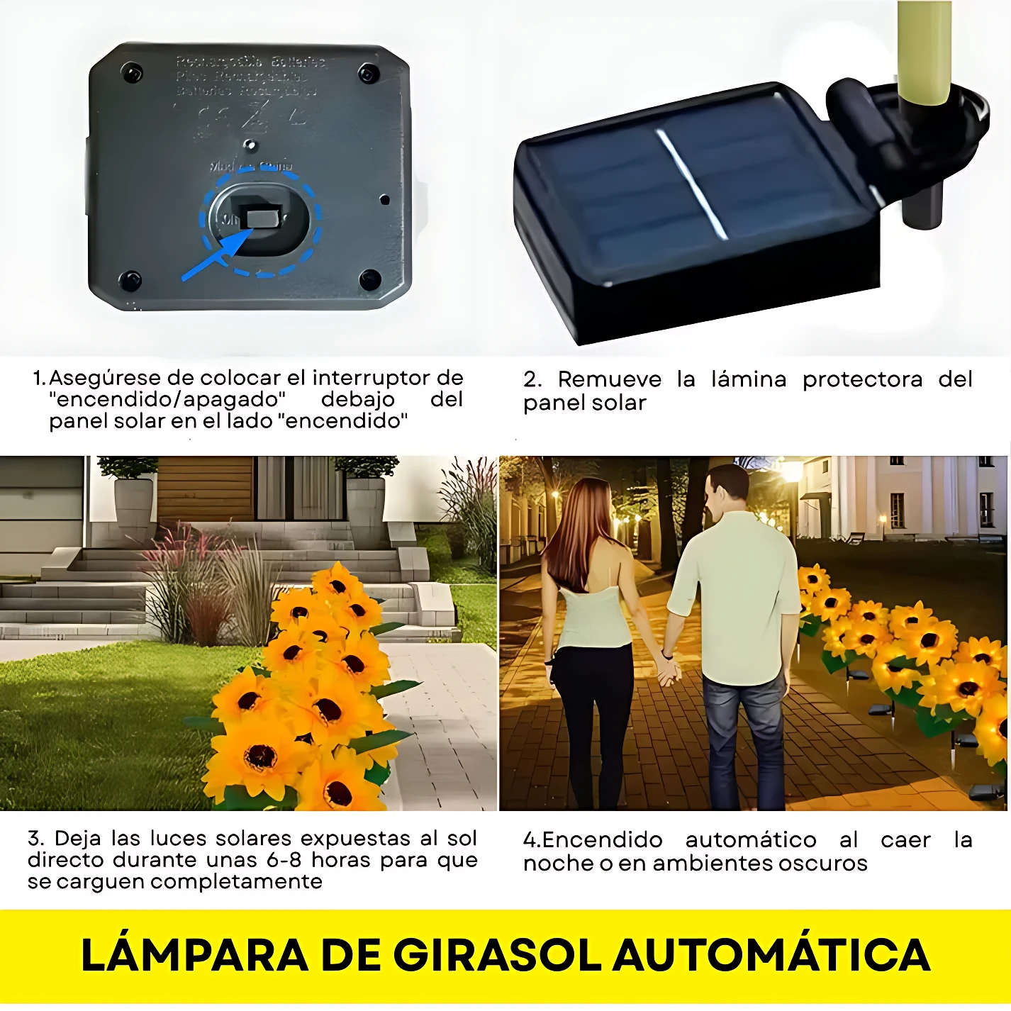 Faroles solares girasol automáticos, con panel fotovoltaico negro y base gris. Incluyen instrucciones de instalación y funcionamiento nocturno. Ideales para decoración exterior.