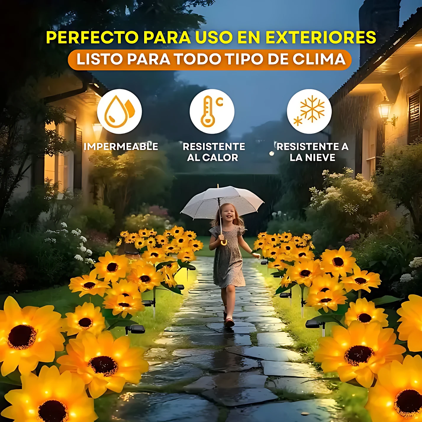Set de dos faroles solares en forma de girasol, colocados a lo largo de un sendero de piedra húmedo bajo lluvia, con una niña sosteniendo un paraguas blanco en el centro.