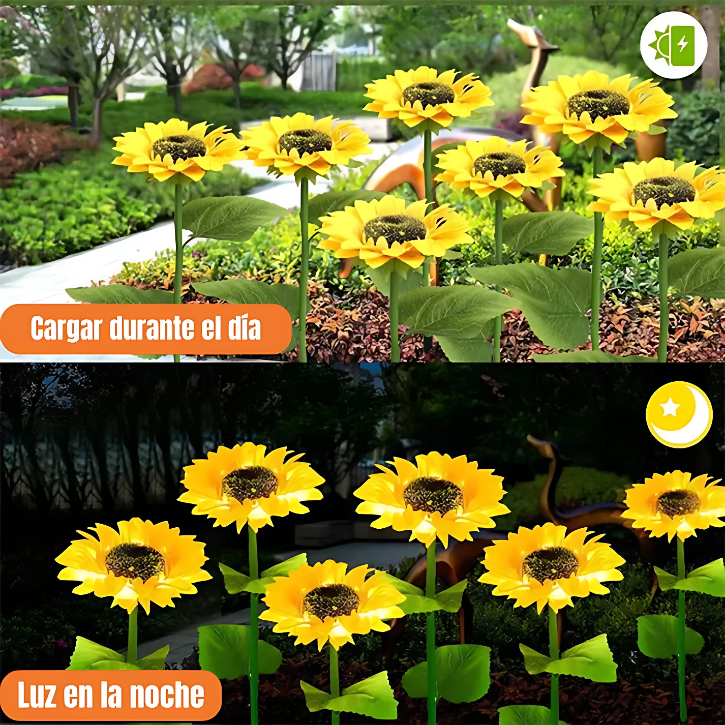 Faroles solares en forma de girasol amarillo con hojas verdes, mostrando funcionamiento diurno y nocturno con luz LED integrada.