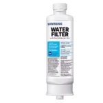 Filtro de agua Samsung en envase blanco, con etiqueta que indica duración de 6 meses y compatibilidad con refrigeradores.