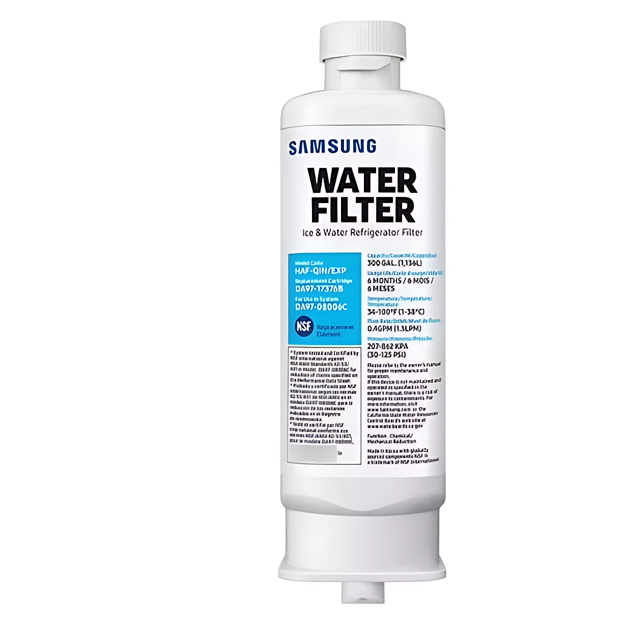 Filtro de agua Samsung en envase blanco, con etiqueta que indica duración de 6 meses y compatibilidad con refrigeradores.