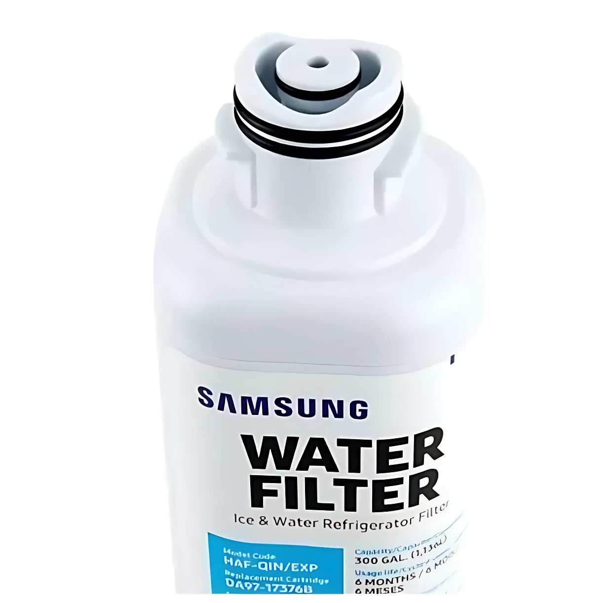 Filtro de agua Samsung para refrigerador, color blanco, con etiqueta que indica uso de 6 meses y capacidad de 300 galones.