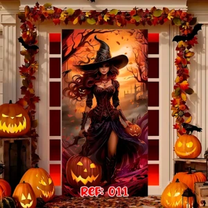 Funda decorativa para puerta de Halloween con bruja en traje oscuro, calabazas brillantes y follaje otoñal enmarcando la escena.
