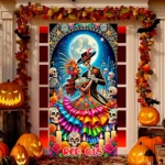 Funda decorativa para puerta de Halloween con calaveras danzantes bajo luna llena, colores vibrantes y detalles florales, ideal para entrada de casa.