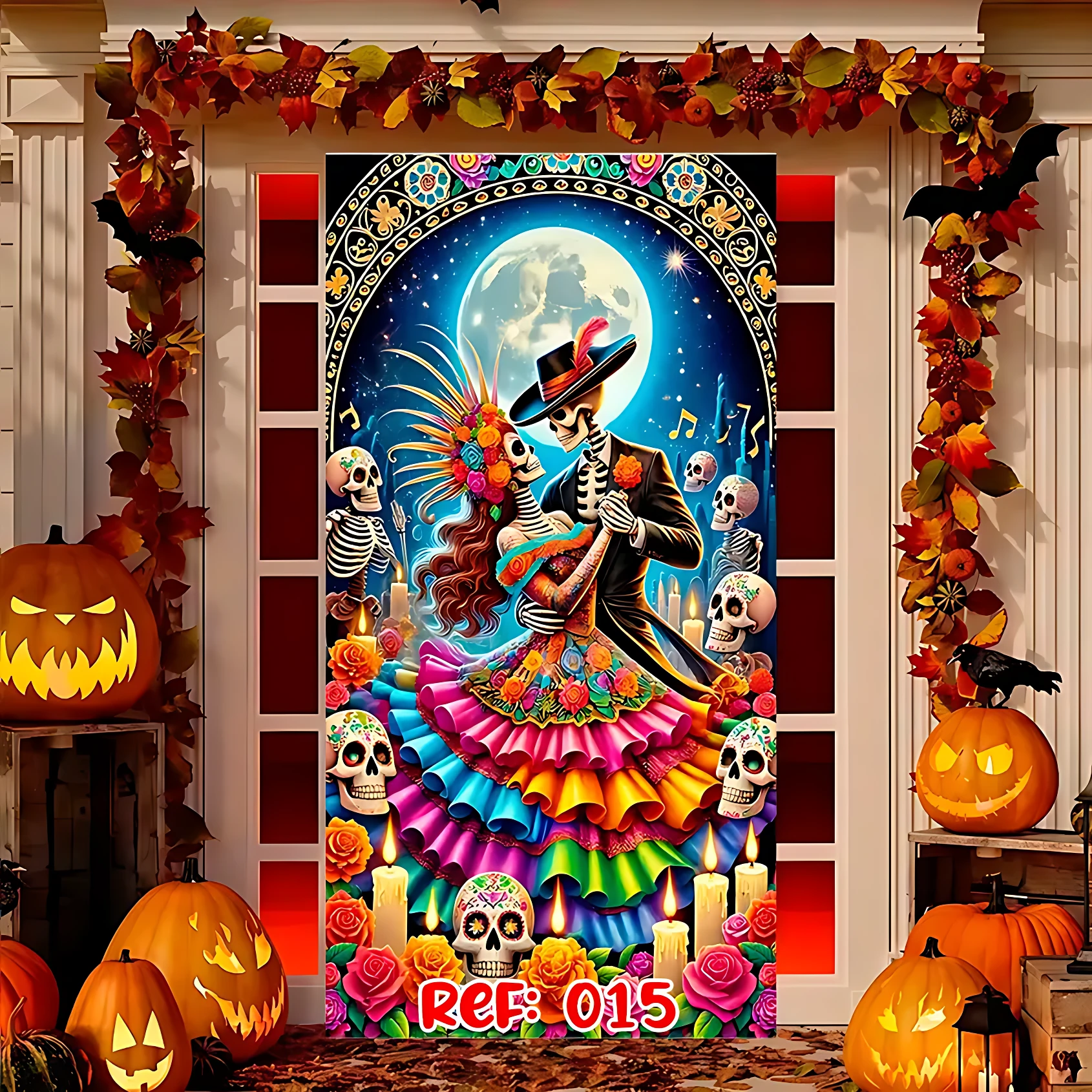 Funda decorativa para puerta de Halloween con calaveras danzantes bajo luna llena, colores vibrantes y detalles florales, ideal para entrada de casa.