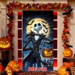 Funda decorativa para puerta de Halloween con Jack Skellington, luna llena y calabazas encendidas, ideal para entrada de casa.
