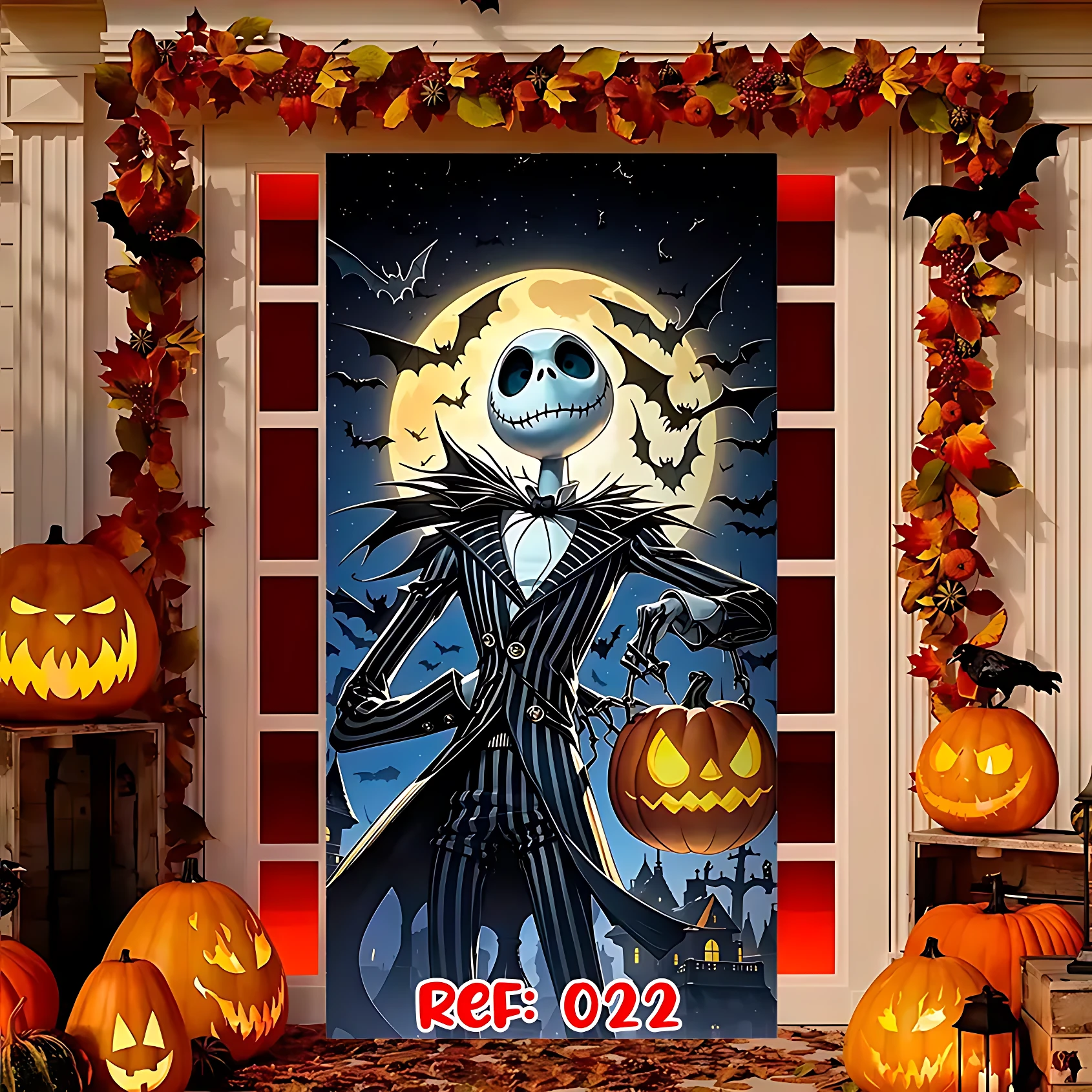 Funda decorativa para puerta de Halloween con Jack Skellington, luna llena y calabazas encendidas, ideal para entrada de casa.