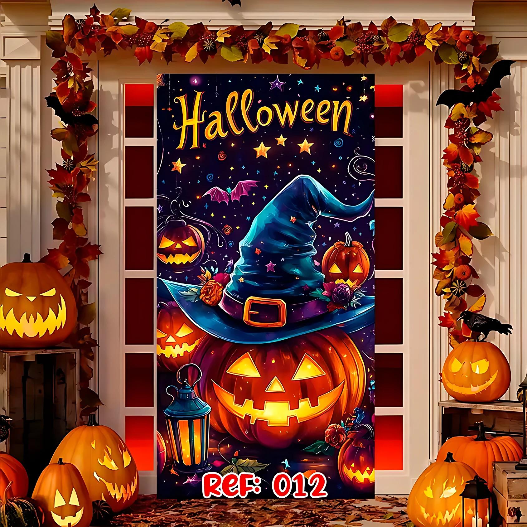 Funda decorativa para puerta de Halloween con diseño de sombrero de bruja, calabazas brillantes y fondo estrellado, ideal para entrada de casa.