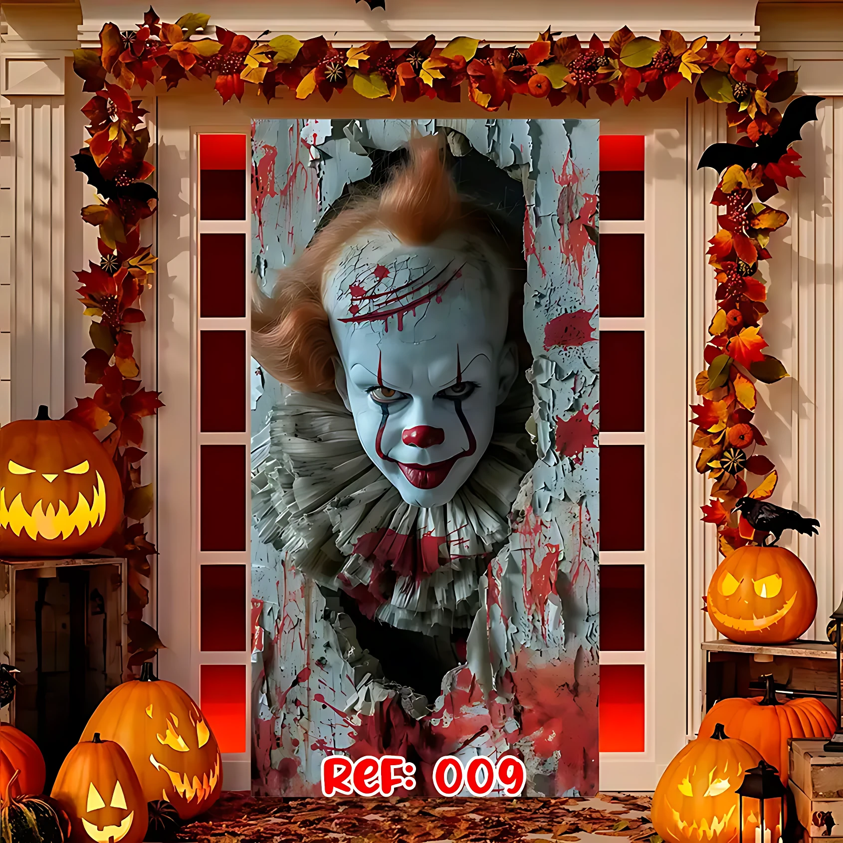 Funda decorativa para puerta de Halloween con Pennywise, efecto de pared rajada y sangre, adornada con calabazas y guirnalda otoñal.