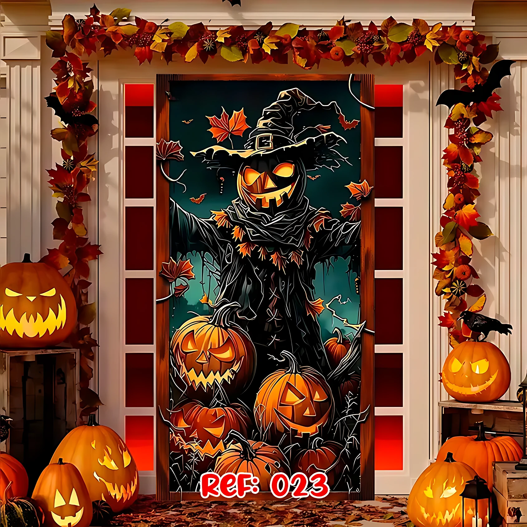 Funda decorativa para puerta de Halloween con diseño de calavera, calabazas y brujas en tonos naranjas y negros, montada sobre marco blanco con guirnalda de hojas otoñales.