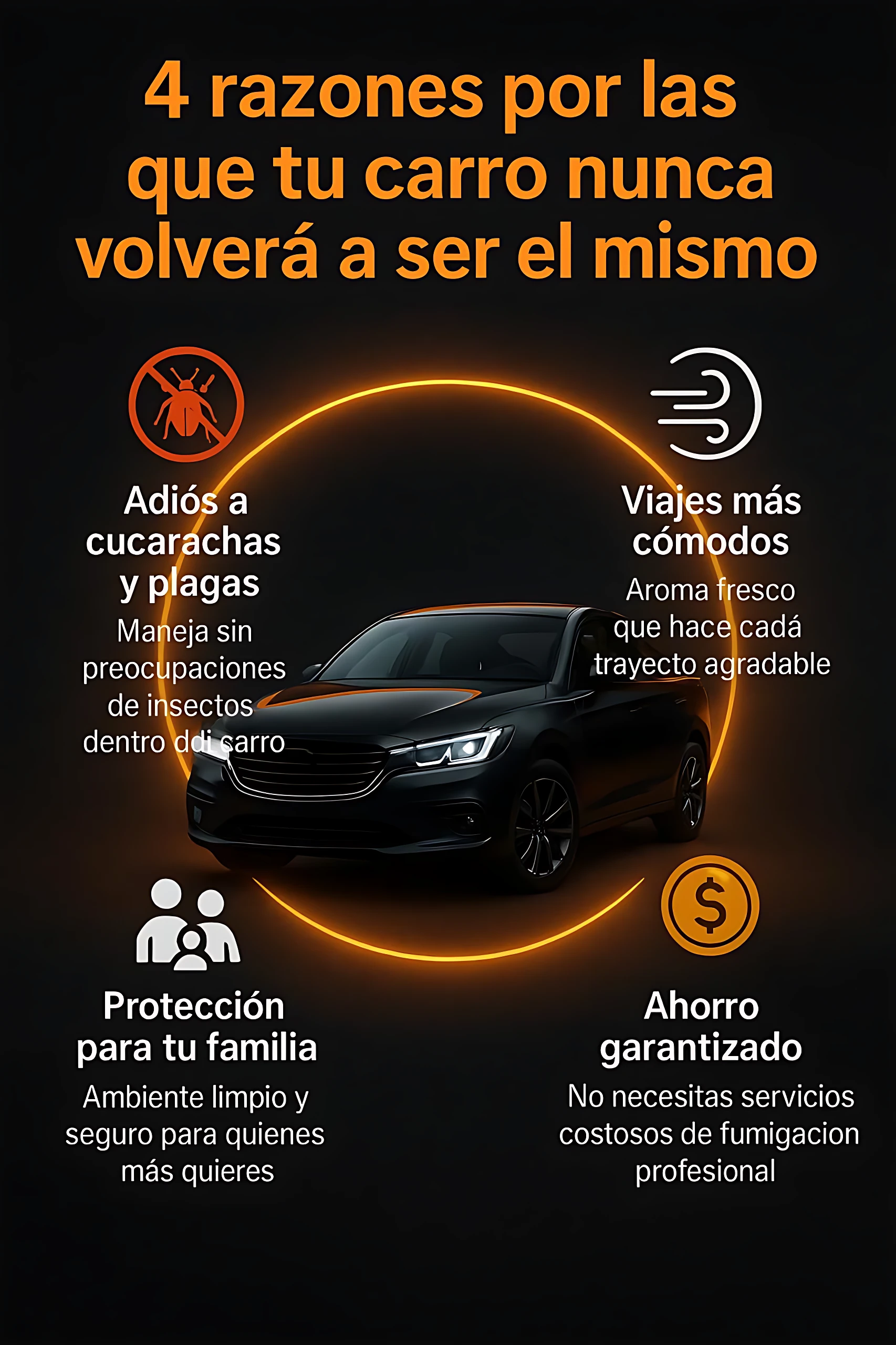 Fumigador para carro con aroma, elimina insectos y malos olores, deja ambiente fresco.