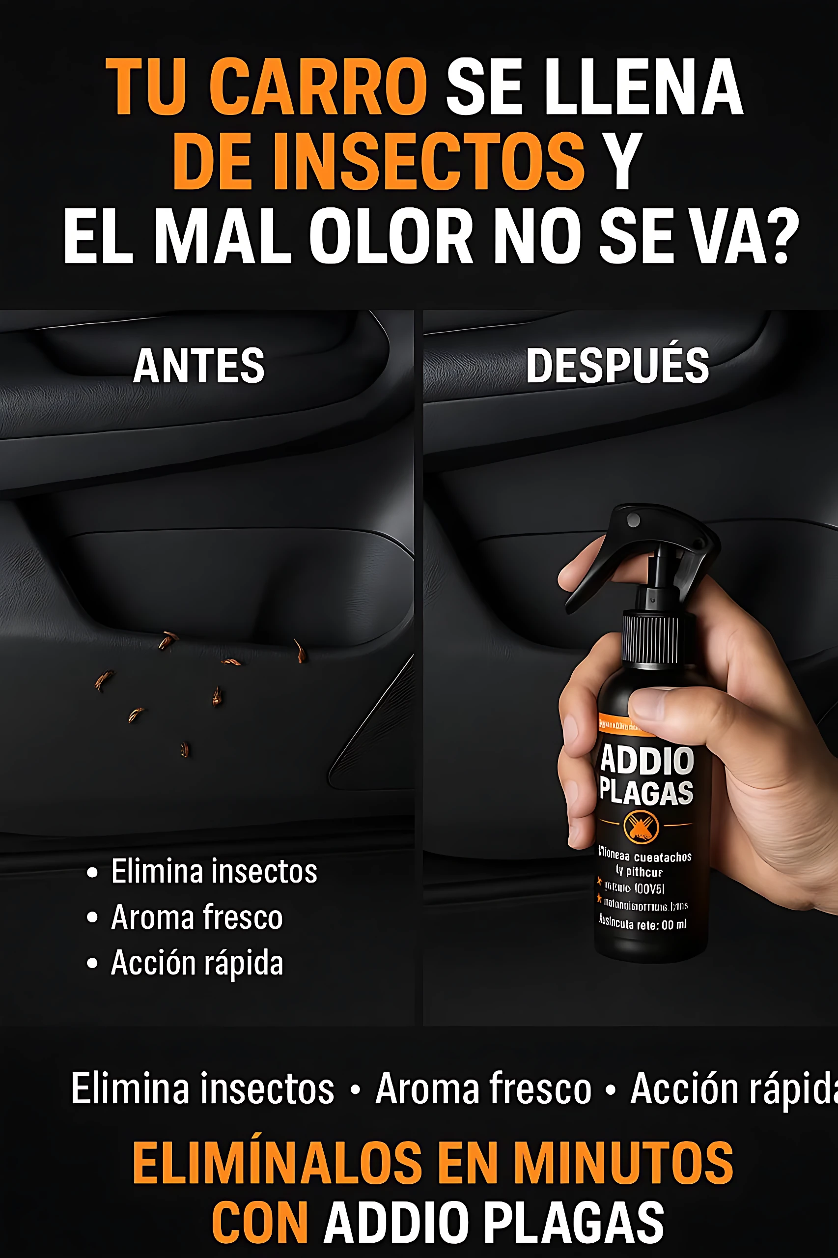 Fumigador para carro Addio Plagas, elimina insectos y malos olores, deja aroma fresco. Antes y después.