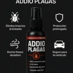 Fumigador para carro Addio Plagas 60 ml, elimina insectos y protege tu vehículo.