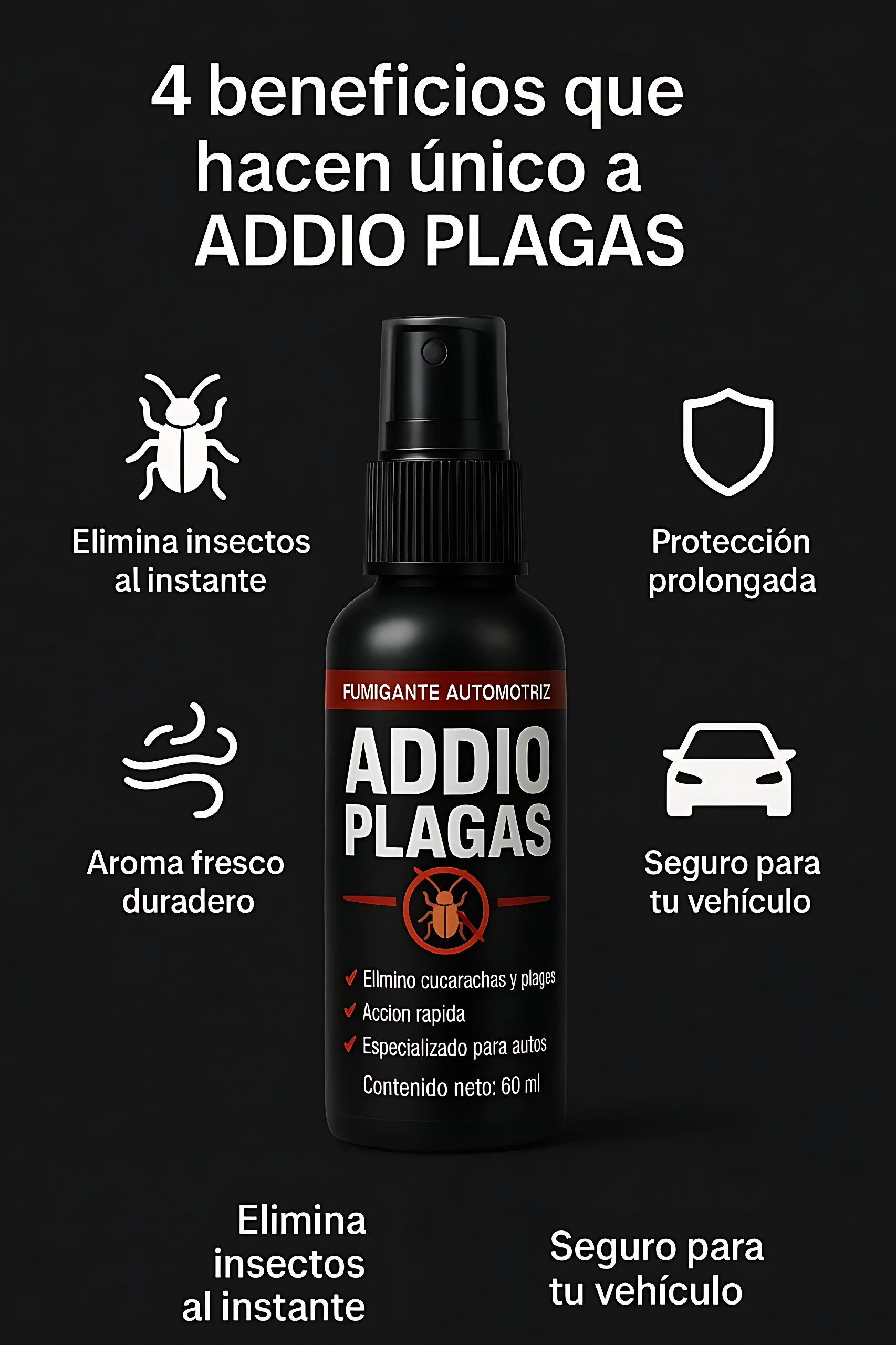 Fumigador para carro Addio Plagas 60 ml, elimina insectos y protege tu vehículo.