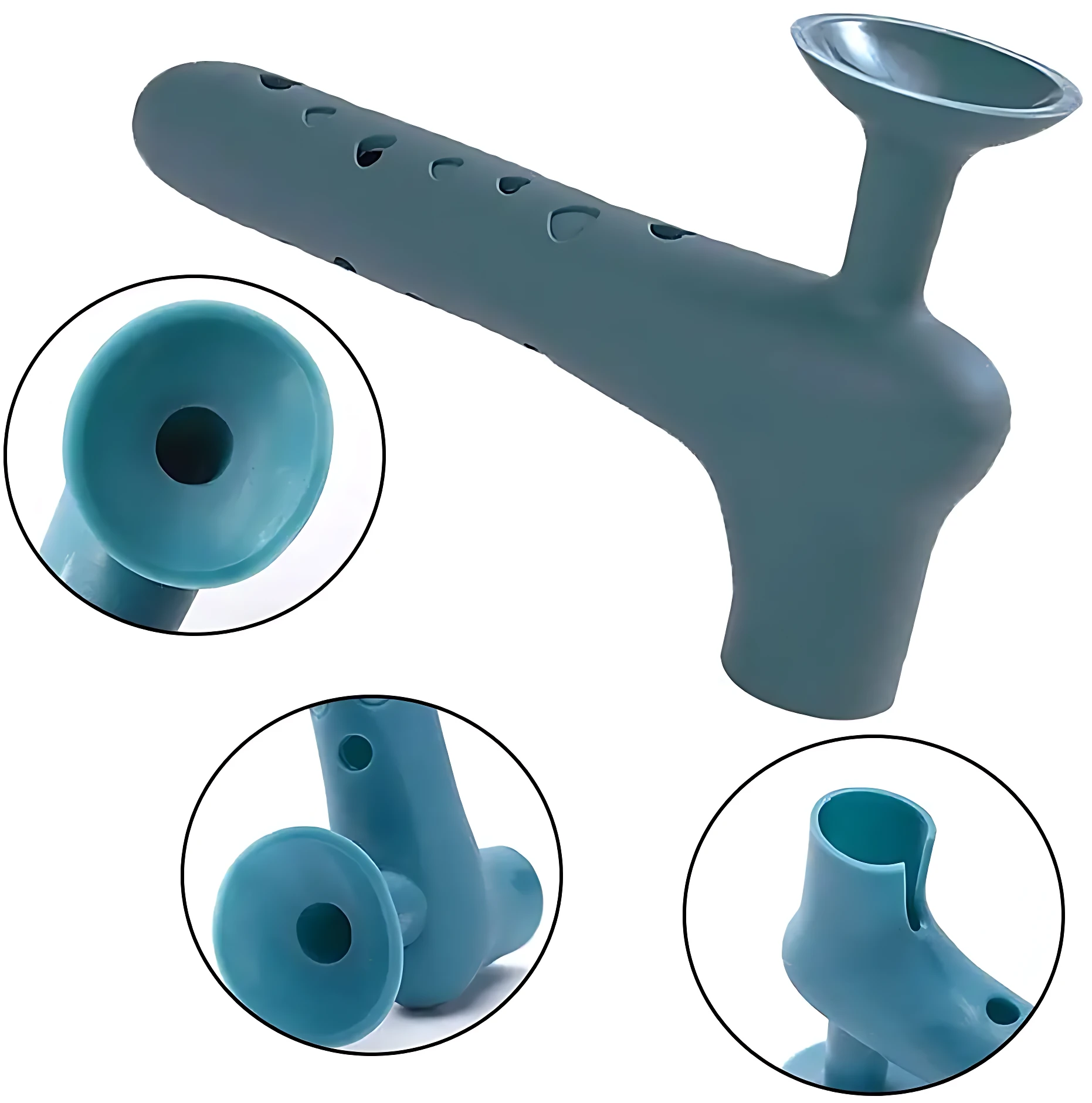 Funda protectora de silicona en color azul grisáceo para manija de puerta, con diseño ergonómico y detalles ampliados que muestran su textura suave y forma adaptada.