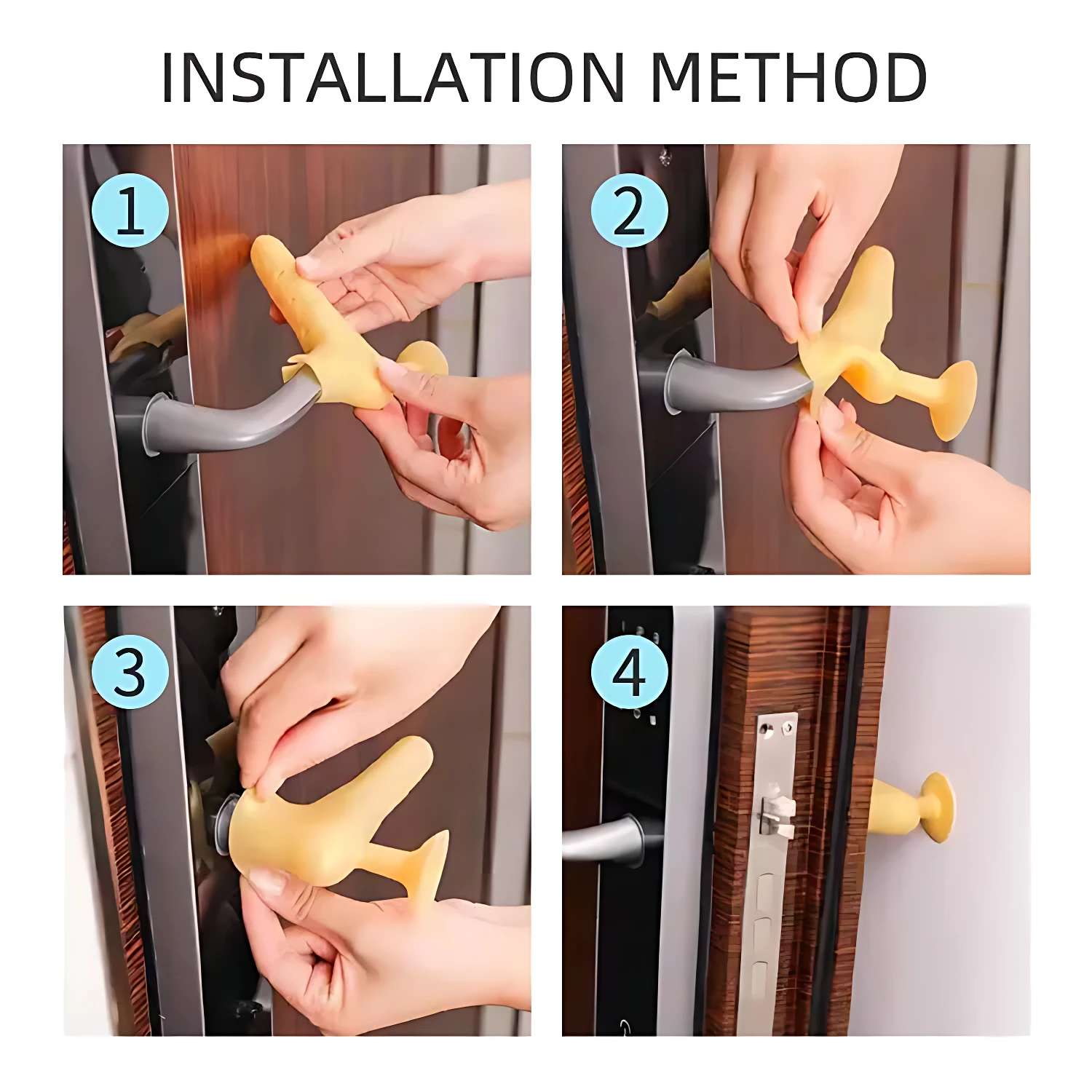 Guía de instalación de funda protectora de silicona amarilla para manija de puerta, mostrando cuatro pasos con manos aplicando el accesorio en diferentes ángulos y detalles del mecanismo de cierre.