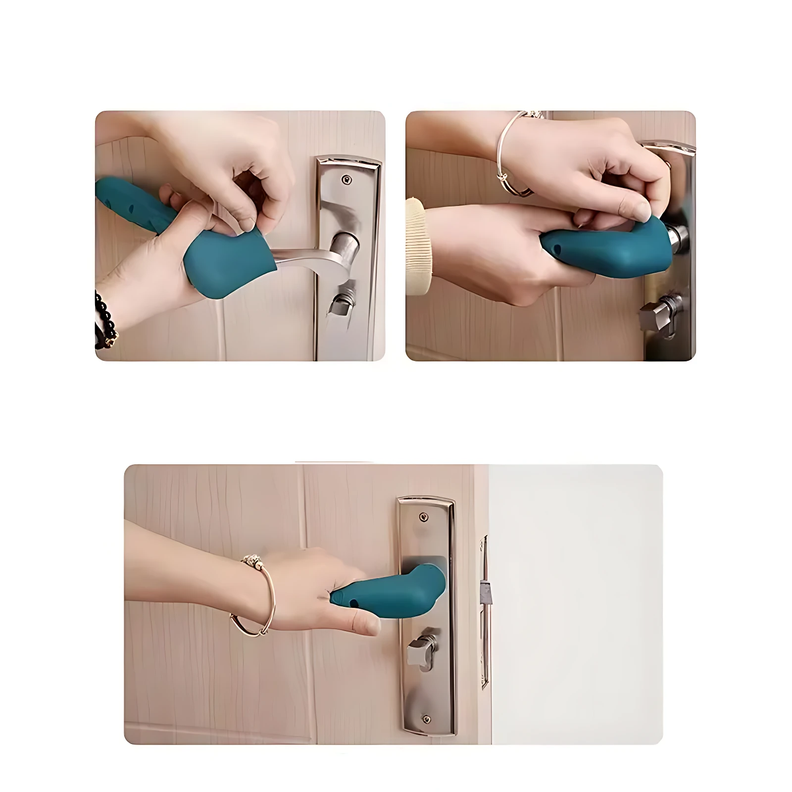 Funda de silicona azul para manija de puerta, mostrando instalación en tres ángulos: agarre, ajuste y uso final. Protege contra golpes y rasguños.
