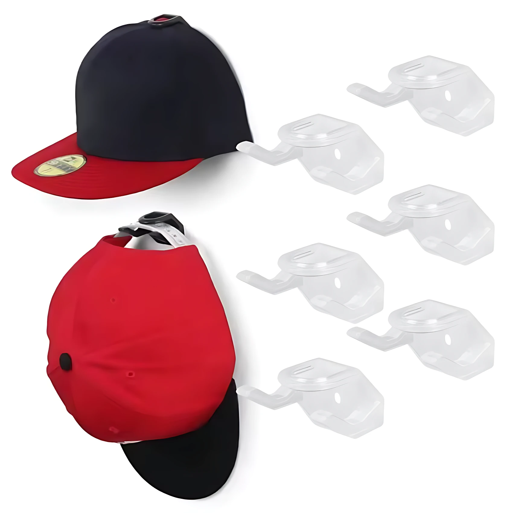 Set x2 ganchos organizadores transparentes para colgar 6 gorras, uno azul y rojo, otro rojo y negro.