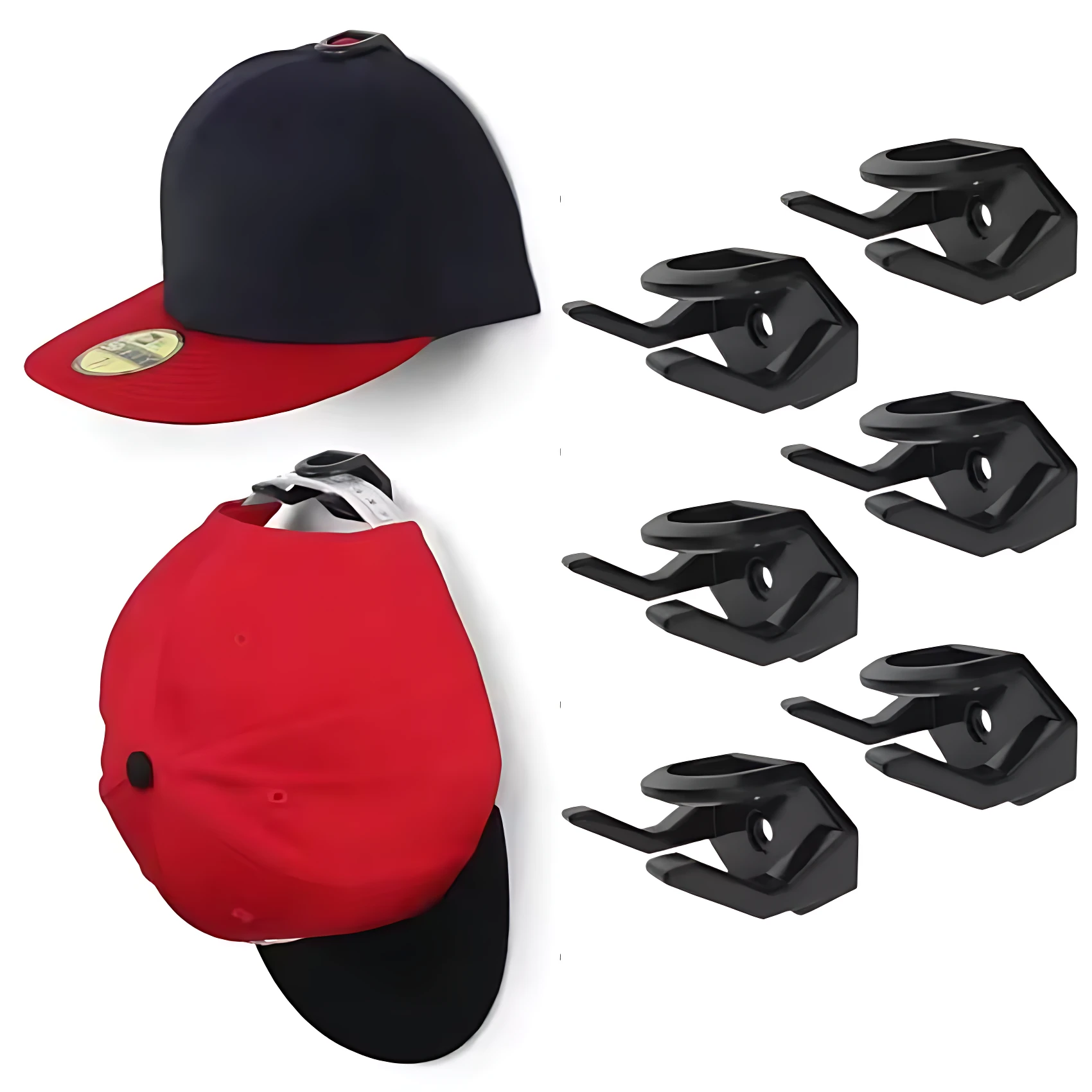 Set x2 ganchos negros para organizar 6 gorras, con dos gorras rojas y azul/roja exhibidas.