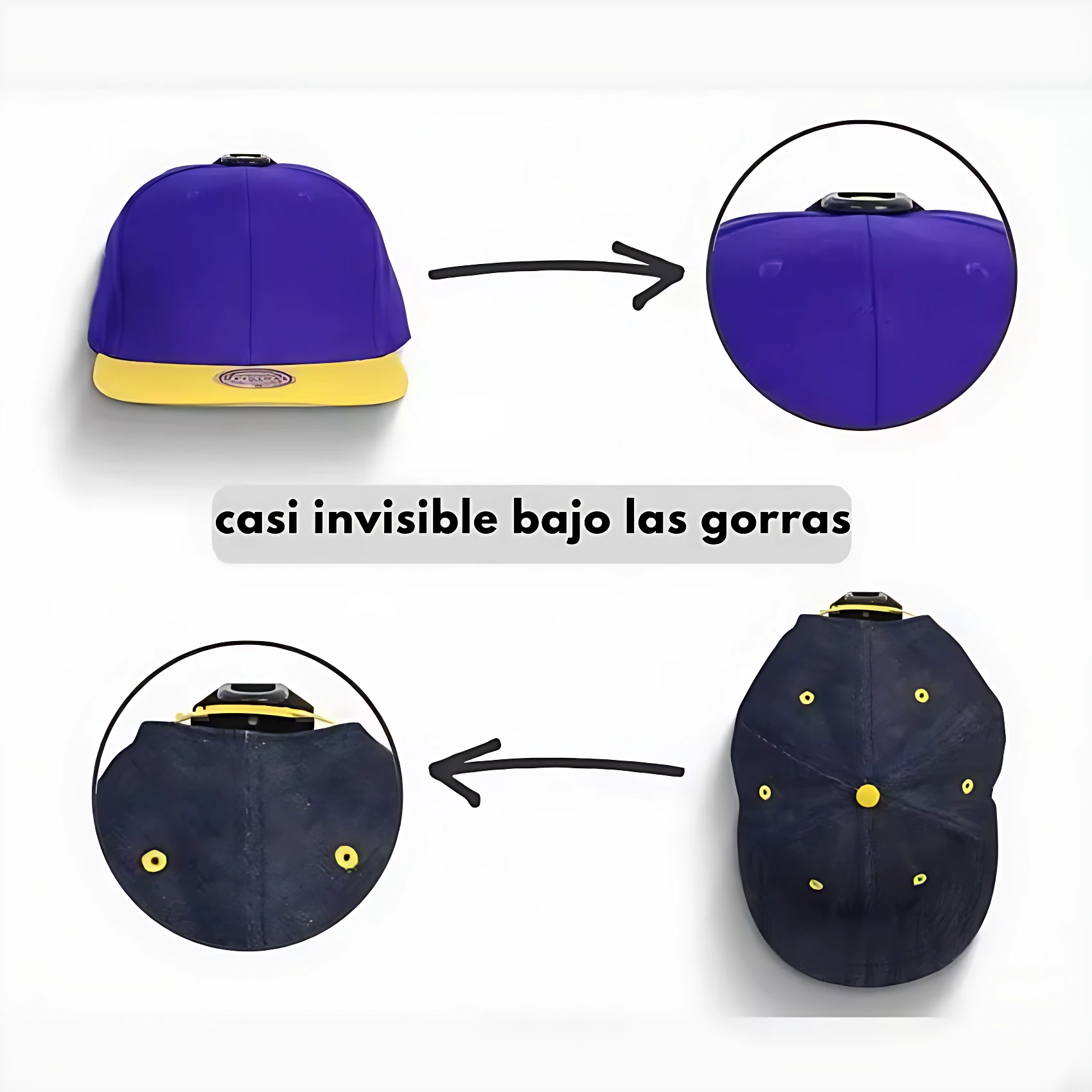 Set x2 ganchos organizadores de gorras. Uno azul con amarillo y otro negro. Muestra cómo se ven al usarlo.