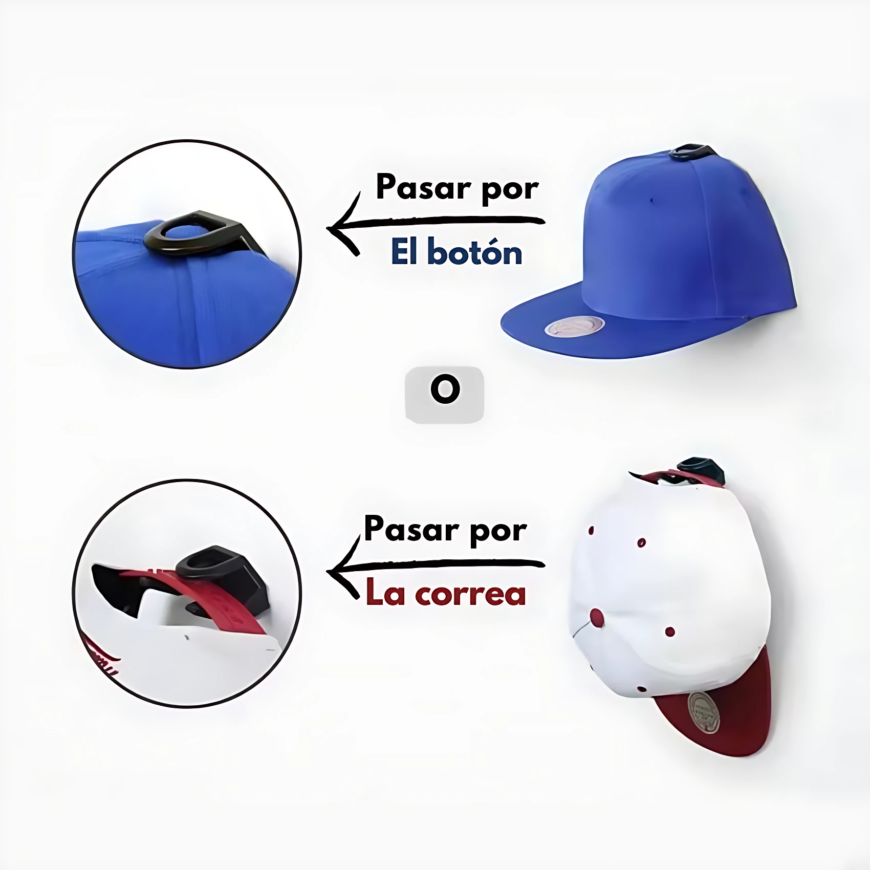 Set x2 ganchos organizadores para gorras, uno azul mostrando el botón y otro blanco/rojo mostrando la correa.