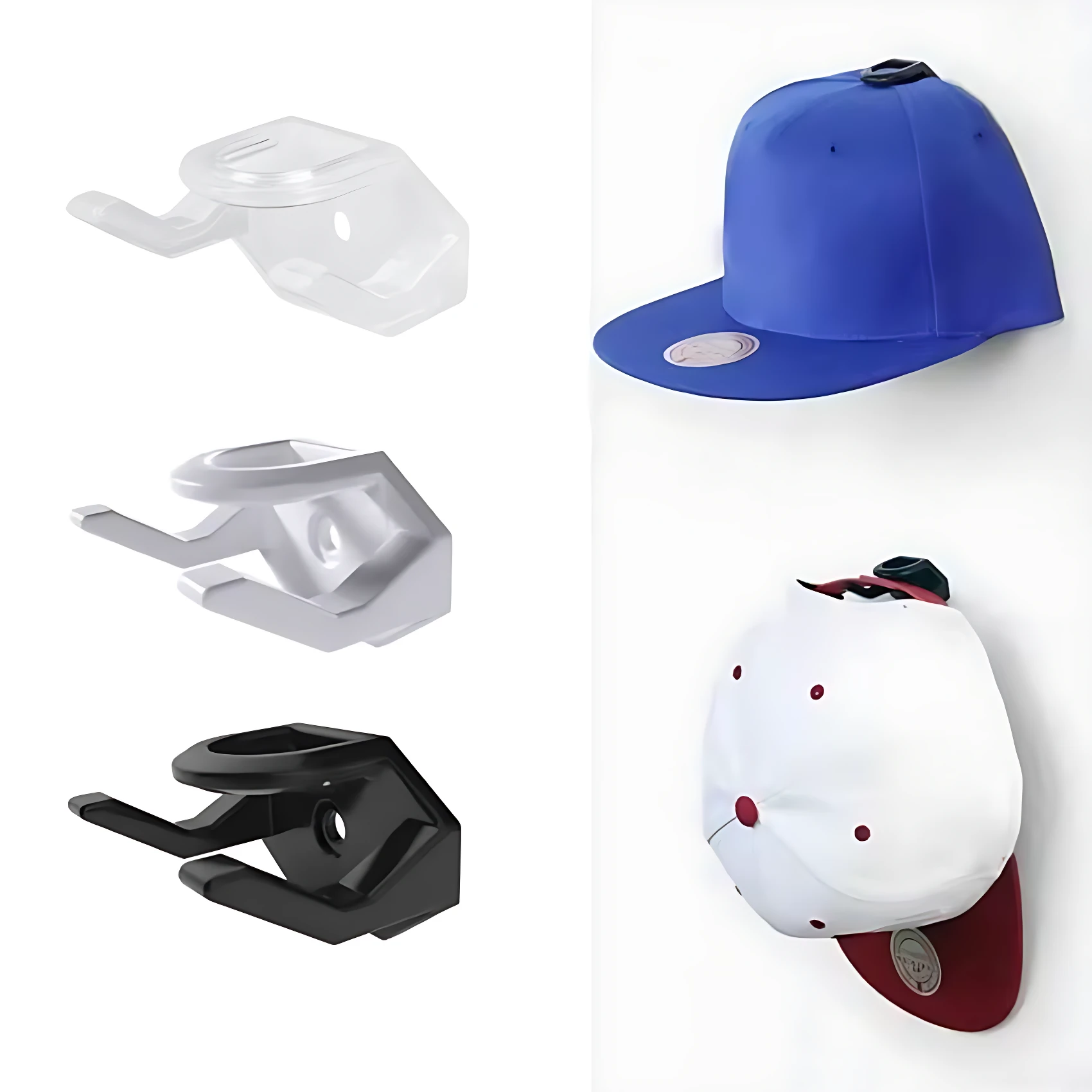Set x2 ganchos organizadores de gorras en transparente, blanco y negro. Exhibe y ordena tus gorras fácilmente.