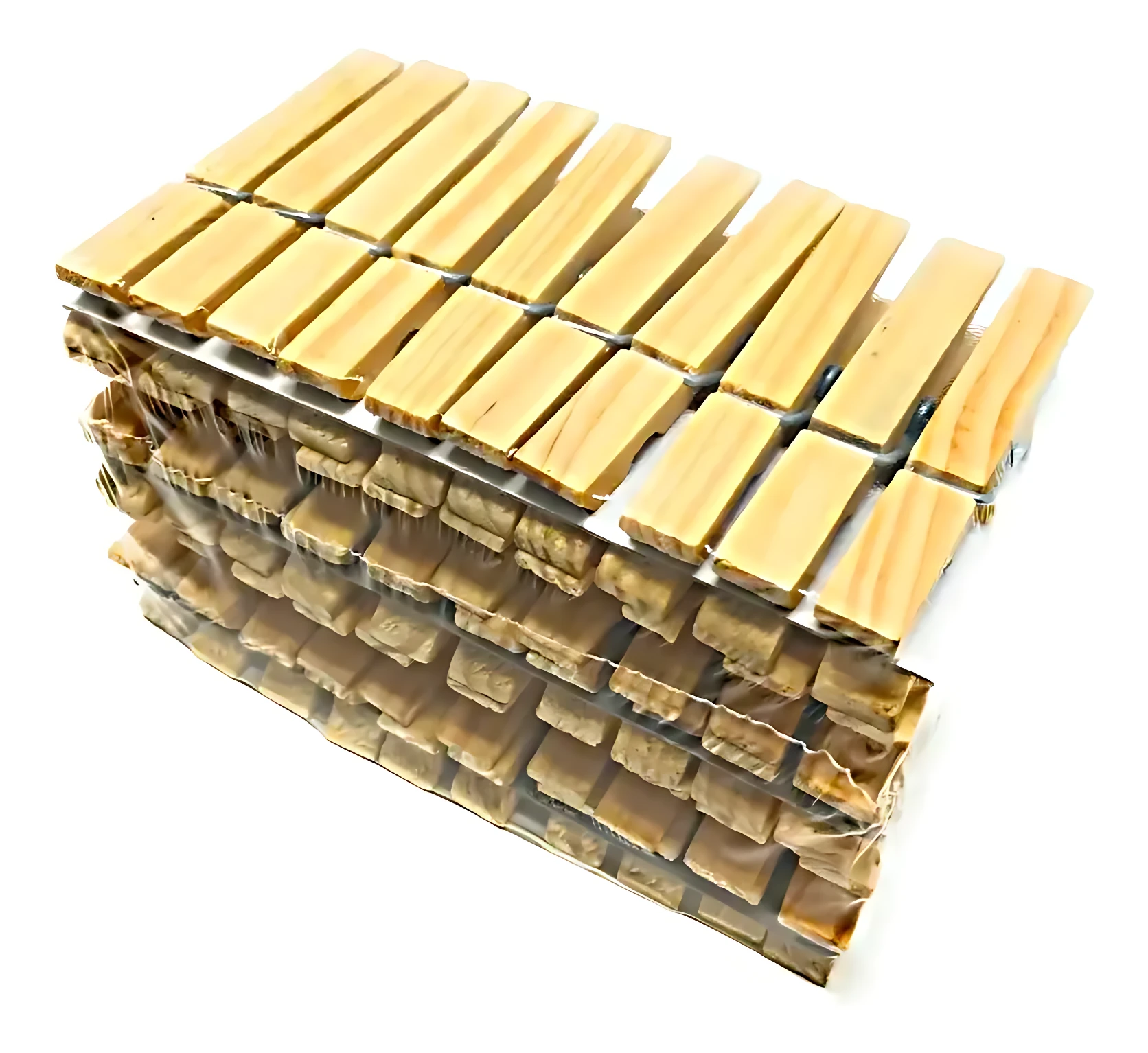 Set de 3 pinzas de bambú natural para colgar objetos, apiladas en empaque transparente.
