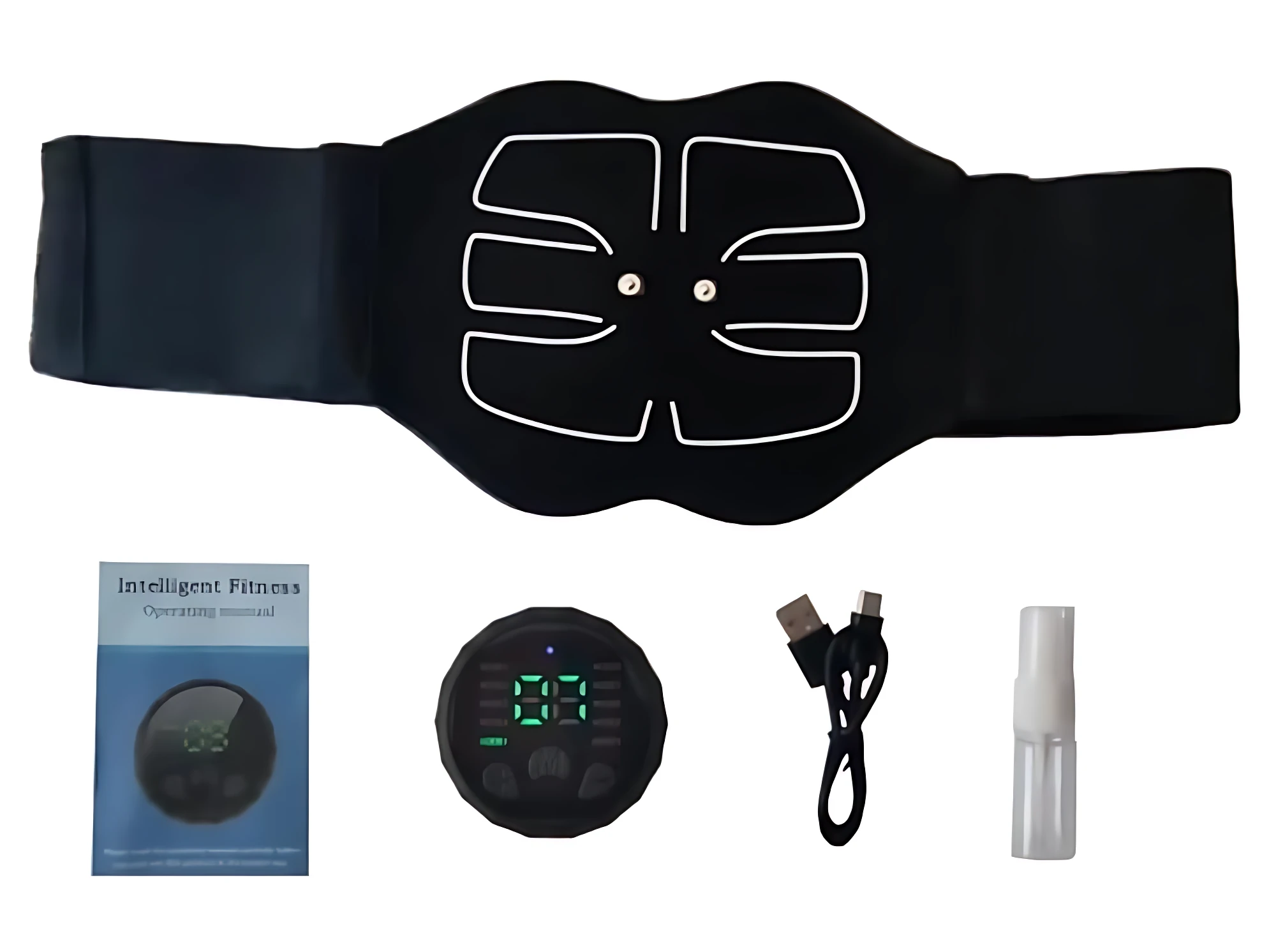 Cinturón EMS negro con diseño de abdomen, control digital, cable USB y atomizador.
