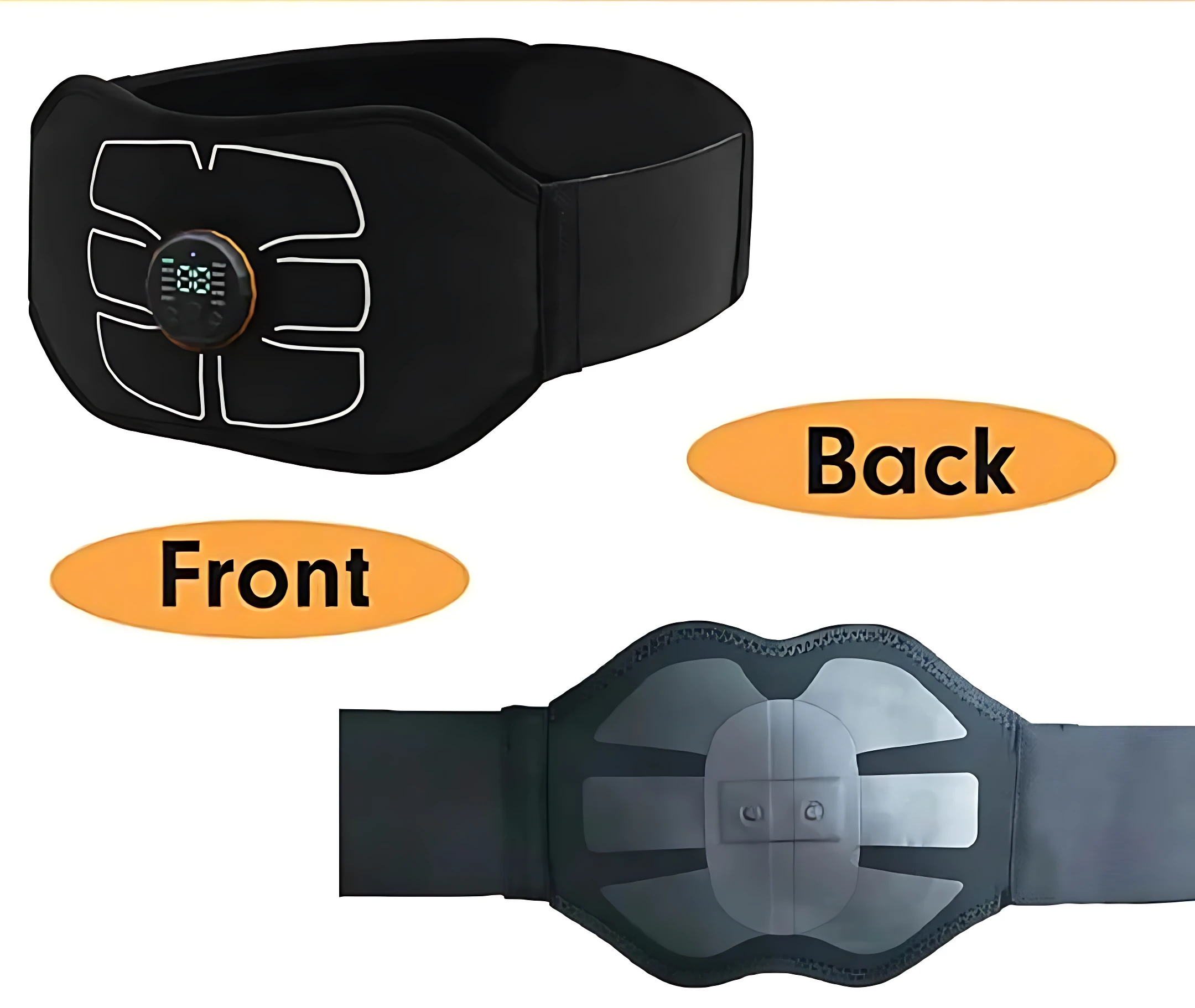 Cinturón estimulador muscular EMS abdomen, negro, con panel digital y almohadillas para abdomen y espalda.