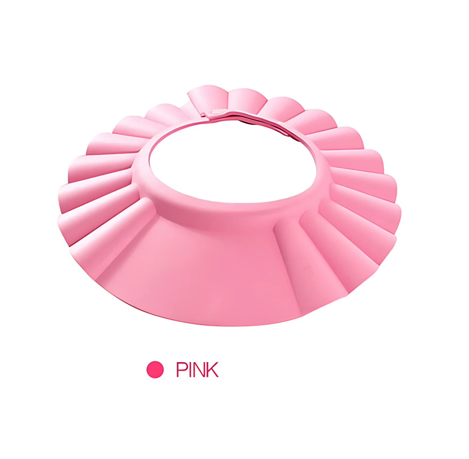 Gorro de baño ajustable en color rosa, con diseño de pétalos y banda elástica interior para bebés y niños.