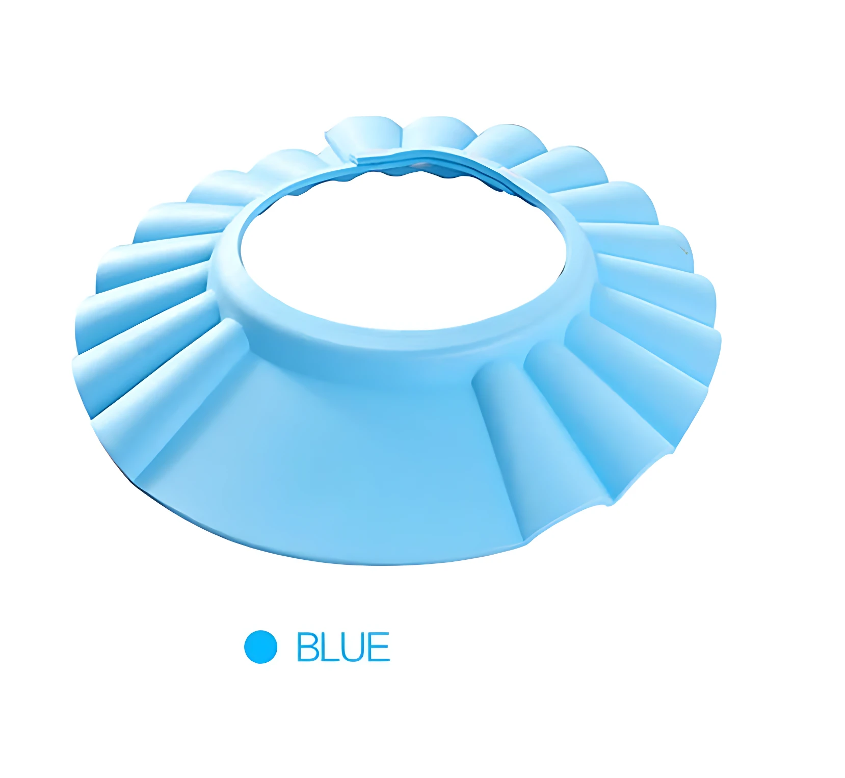 Gorro de baño azul para bebés y niños, con diseño ajustable y bordes suaves que protegen ojos y cabello del agua.