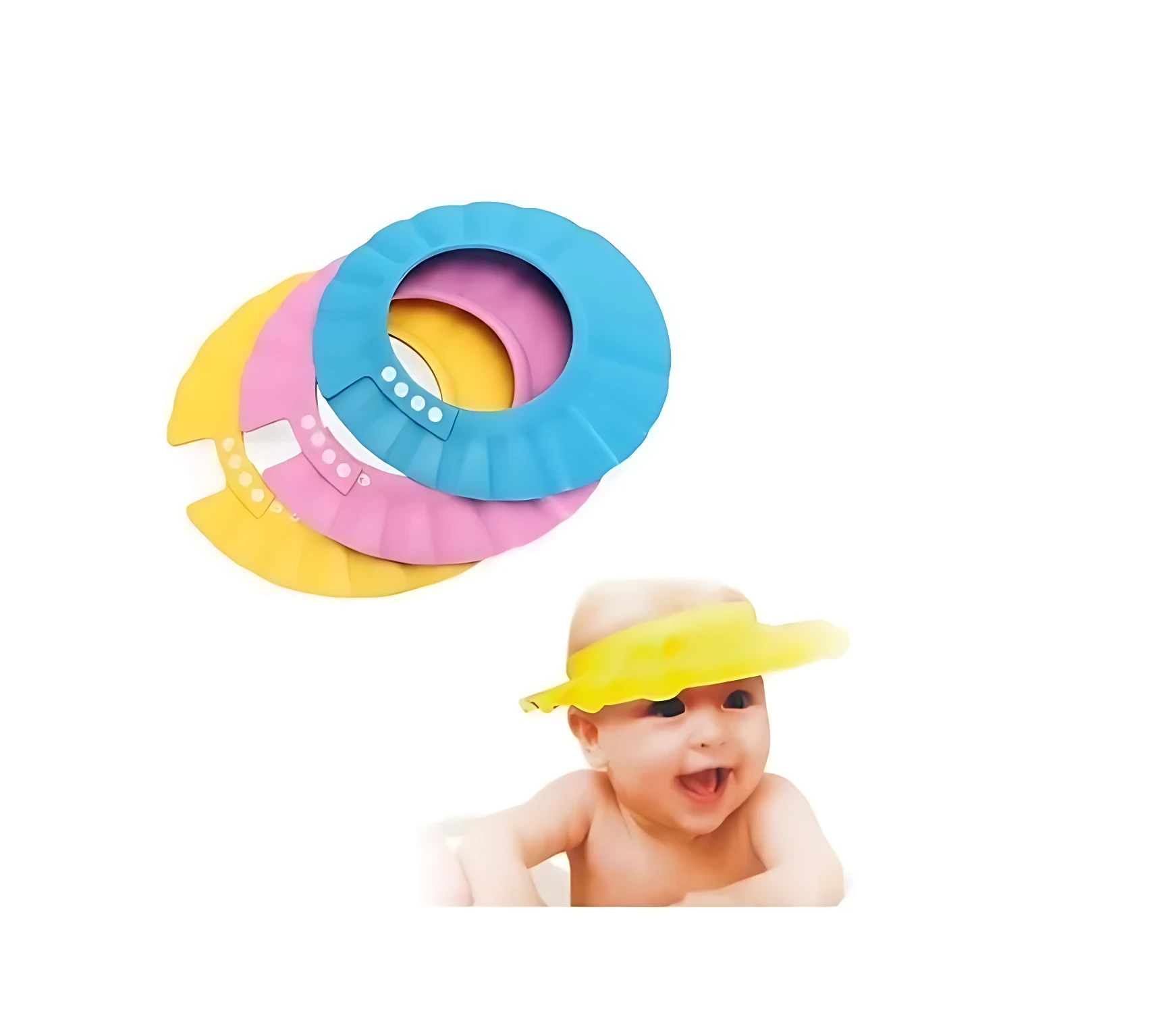 Gorro de baño ajustable para bebés en colores azul, rosa y amarillo. Incluye visera plana y banda elástica con velcro.