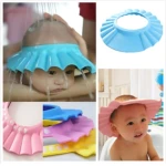 Gorro de baño ajustable para bebés en colores azul, rosa y amarillo. Protege ojos del agua y jabón durante la ducha.