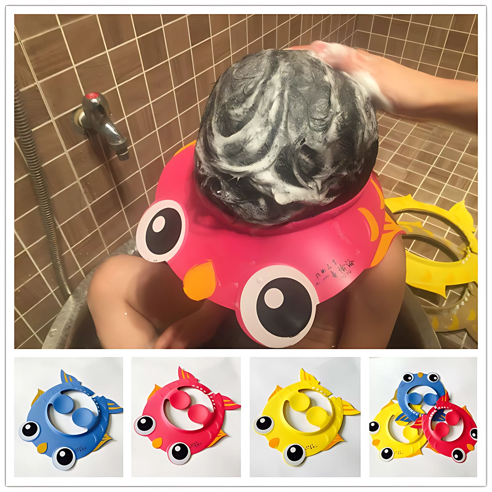 Gorro de baño para niños en forma de pez, color rosa con ojos grandes, siendo usado durante el lavado de cabello en baño. Incluye variante azul, amarilla y combinada en pack de dos unidades.