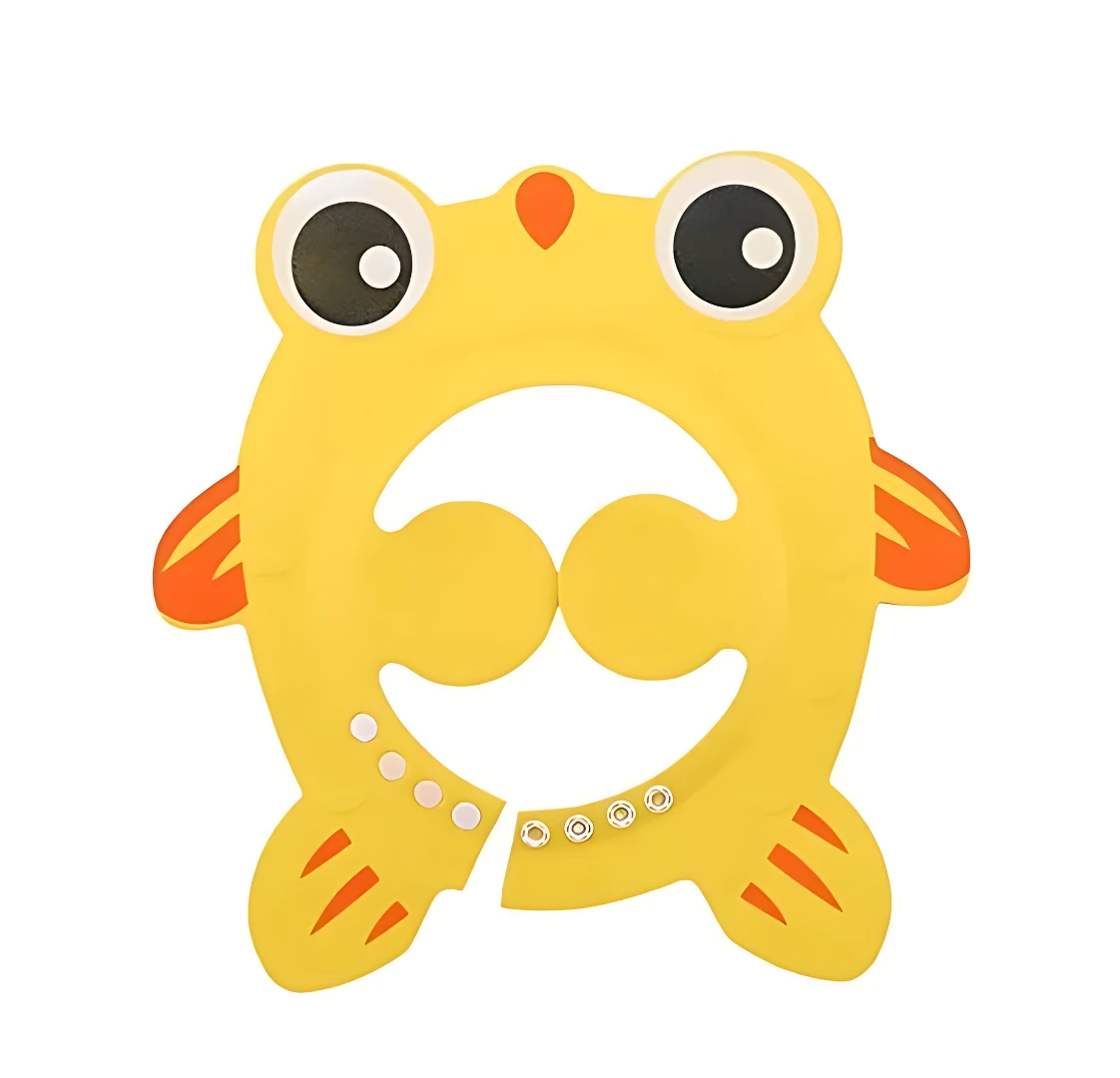 Gorro de baño amarillo con diseño de sapo, ojos grandes y detalles naranjas, ideal para proteger rostro de niños durante el baño.
