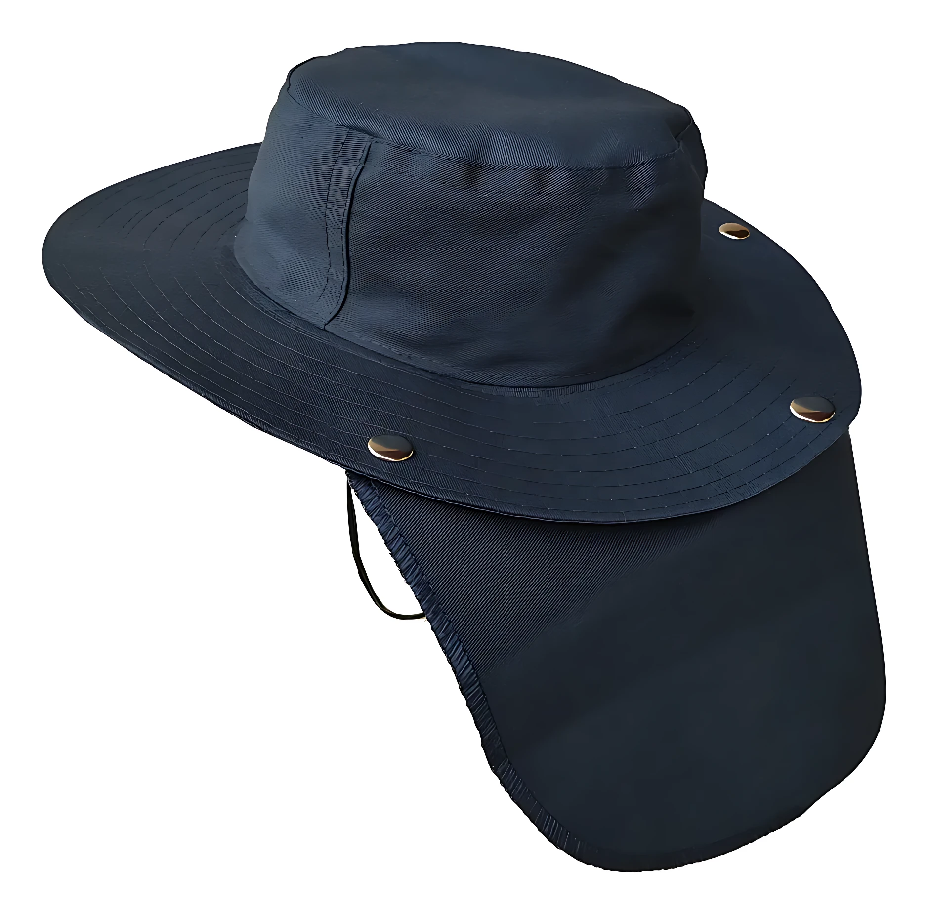 Gorro pescador azul marino con visera amplia y protección facial ajustable, ideal para sol intenso.