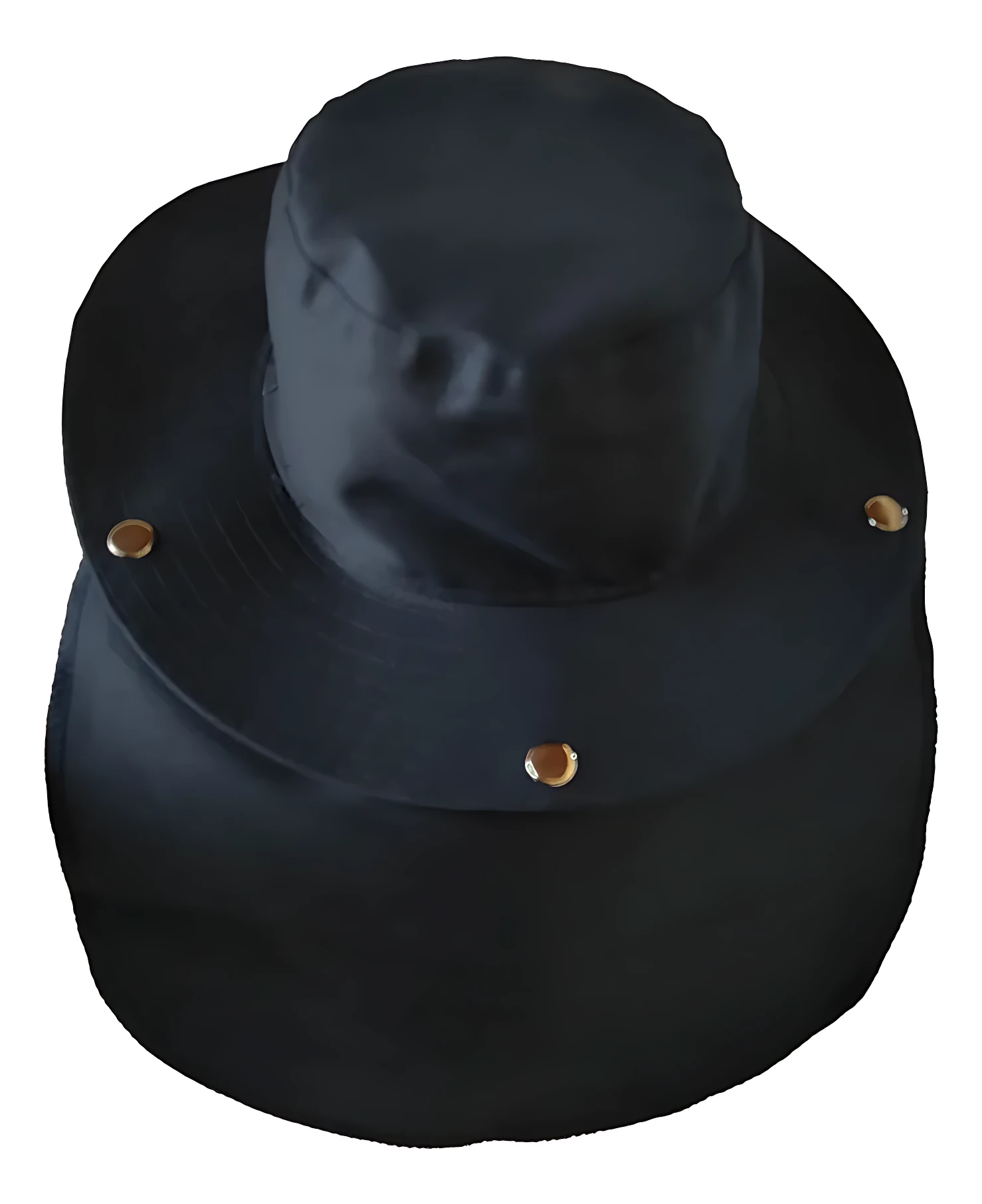 Gorro de pescador negro con visera ancha y tres botones dorados en el borde, diseñado para proteger rostro y cuello del sol.