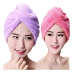 Gorro turbante microfibra morado y rosado para secar cabello, suave y absorbente.