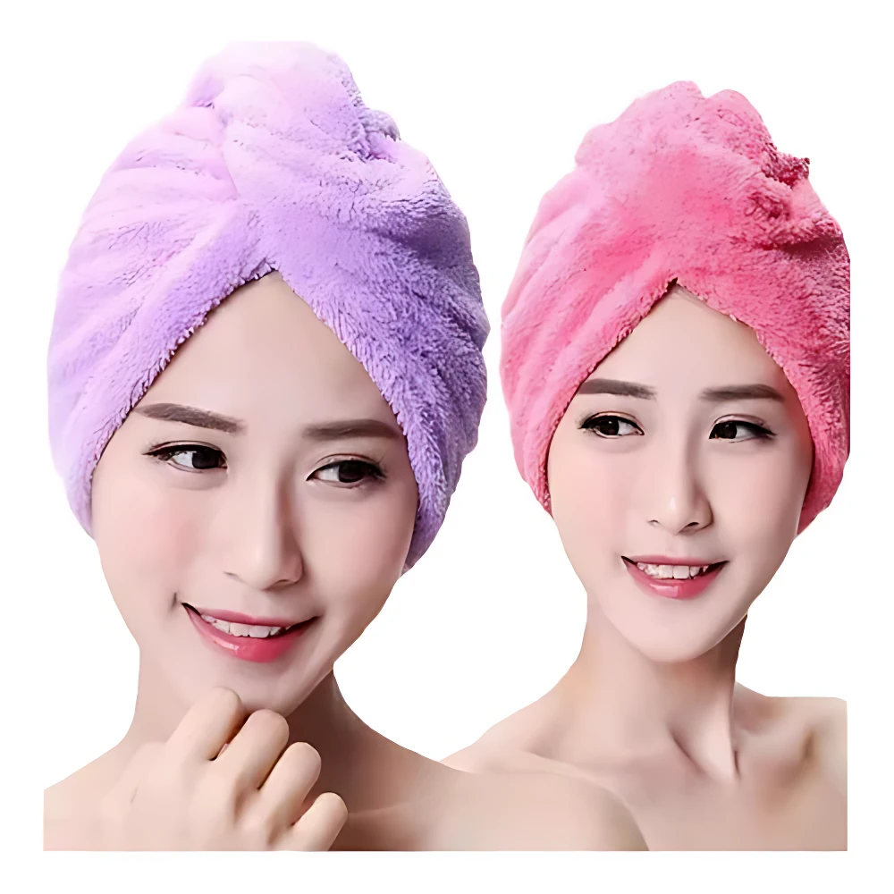 Gorro turbante microfibra morado y rosado para secar cabello, suave y absorbente.