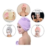Gorro turbante de microfibra morado, con imágenes que muestran su uso para baño, maquillaje y belleza.