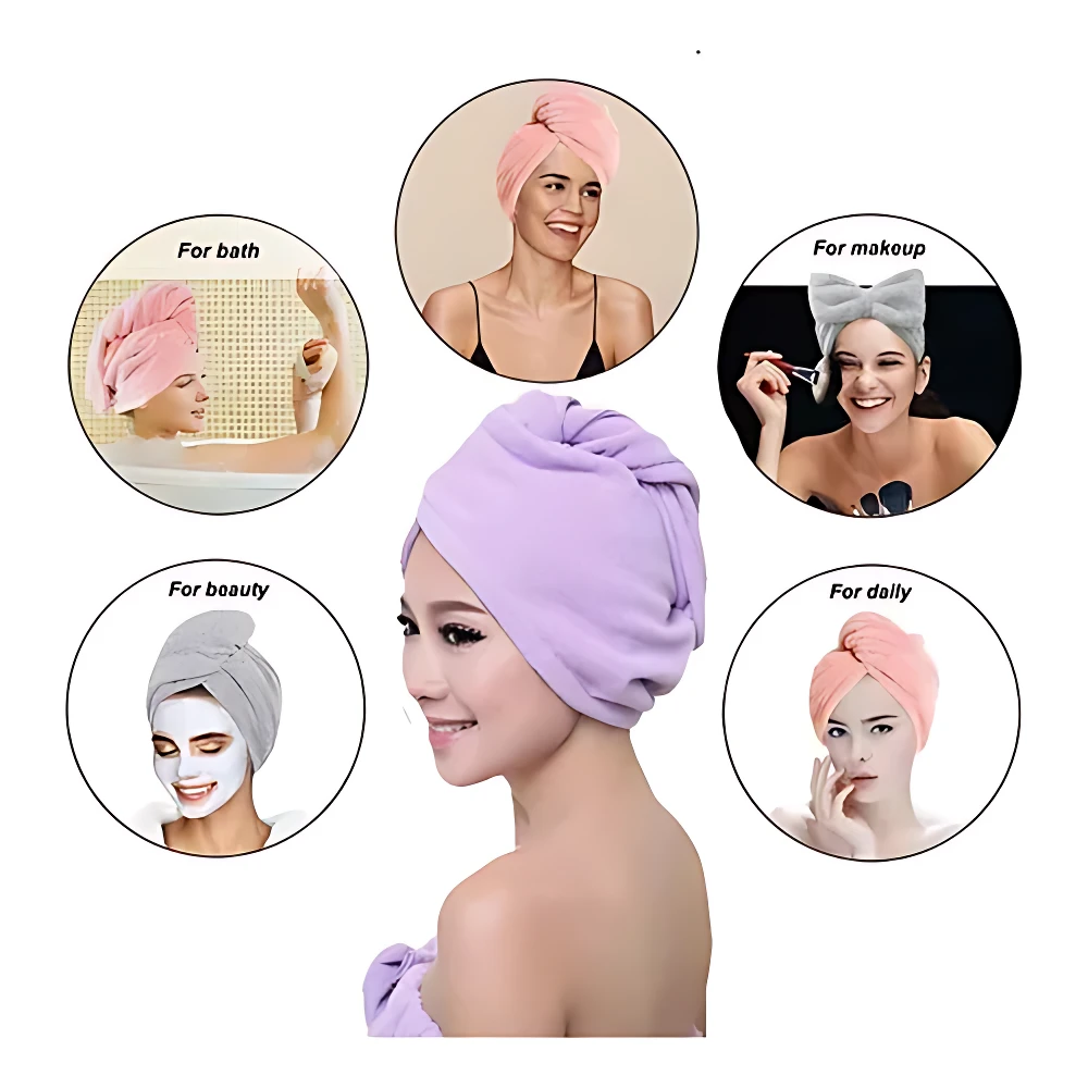 Gorro turbante de microfibra morado, con imágenes que muestran su uso para baño, maquillaje y belleza.